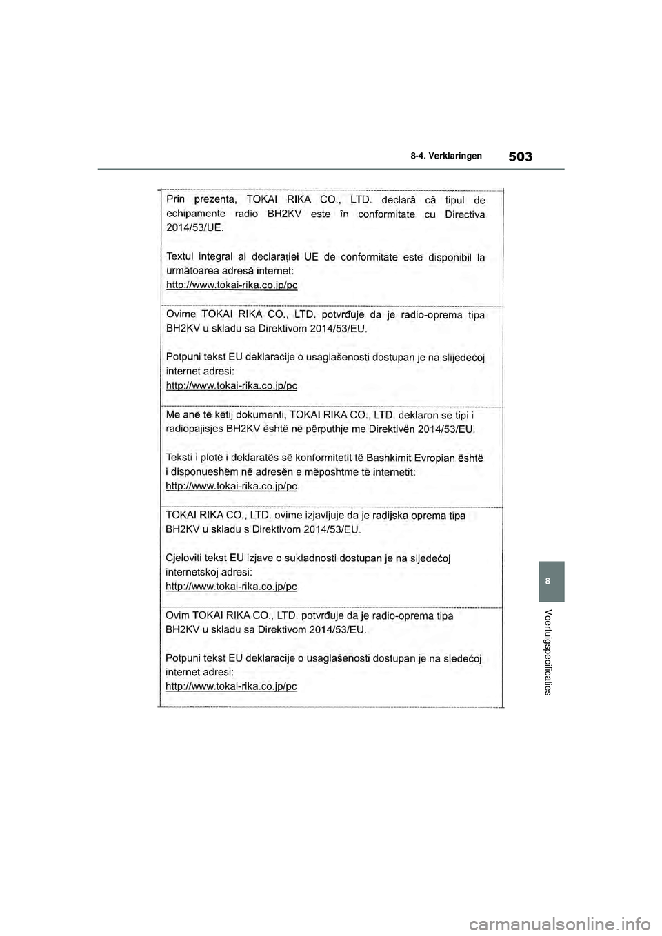 TOYOTA YARIS 2022  Instructieboekje (in Dutch) 503
8
Handleiding HV_Europa_M52N30_nl
8-4. Verklaringen
Voertuigspecificaties
YARIS(HB)_HV_OM_Europe_OM52N30E.book  Page 503  Thursday, August 26, 2021  4:59 PM 