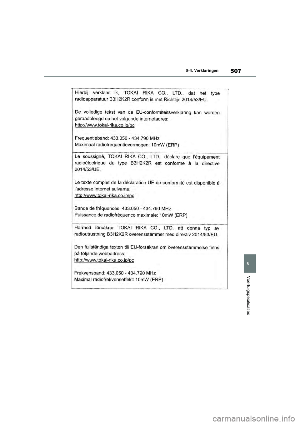 TOYOTA YARIS 2022  Instructieboekje (in Dutch) 507
8
Handleiding HV_Europa_M52N30_nl
8-4. Verklaringen
Voertuigspecificaties
YARIS(HB)_HV_OM_Europe_OM52N30E.book  Page 507  Thursday, August 26, 2021  4:59 PM 