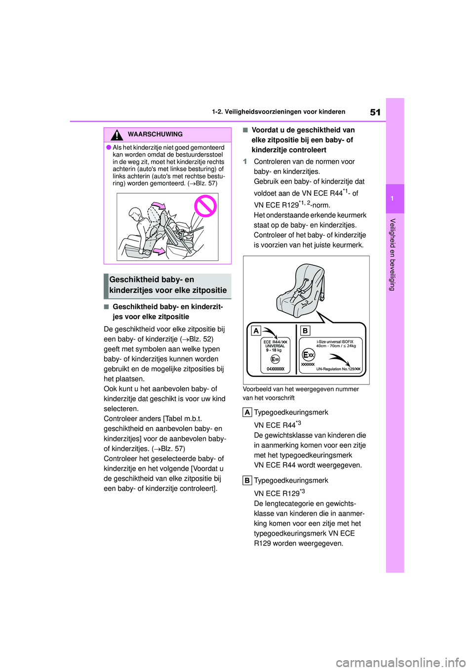 TOYOTA YARIS 2022 Instructieboekje (in Dutch) 51
1
Handleiding HV_Europa_M52N30_nl
1-2. Veiligheidsvoorzieningen voor kinderen
Veiligheid en beveiliging
■Geschiktheid baby- en kinderzit-
jes voor elke zitpositie
De geschiktheid voor elke zitpos TOYOTA YARIS 2022 Instructieboekje (in Dutch) 51
1
Handleiding HV_Europa_M52N30_nl
1-2. Veiligheidsvoorzieningen voor kinderen
Veiligheid en beveiliging
■Geschiktheid baby- en kinderzit-
jes voor elke zitpositie
De geschiktheid voor elke zitpos