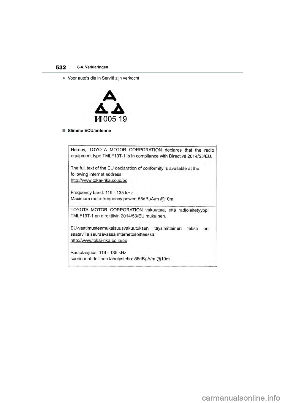 TOYOTA YARIS 2022  Instructieboekje (in Dutch) 532
Handleiding HV_Europa_M52N30_nl
8-4. Verklaringen

Voor autos die in Servië zijn verkocht
■Slimme ECU/antenne
YARIS(HB)_HV_OM_Europe_OM52N30E.book  Page 532  Thursday, August 26, 2021  4:59