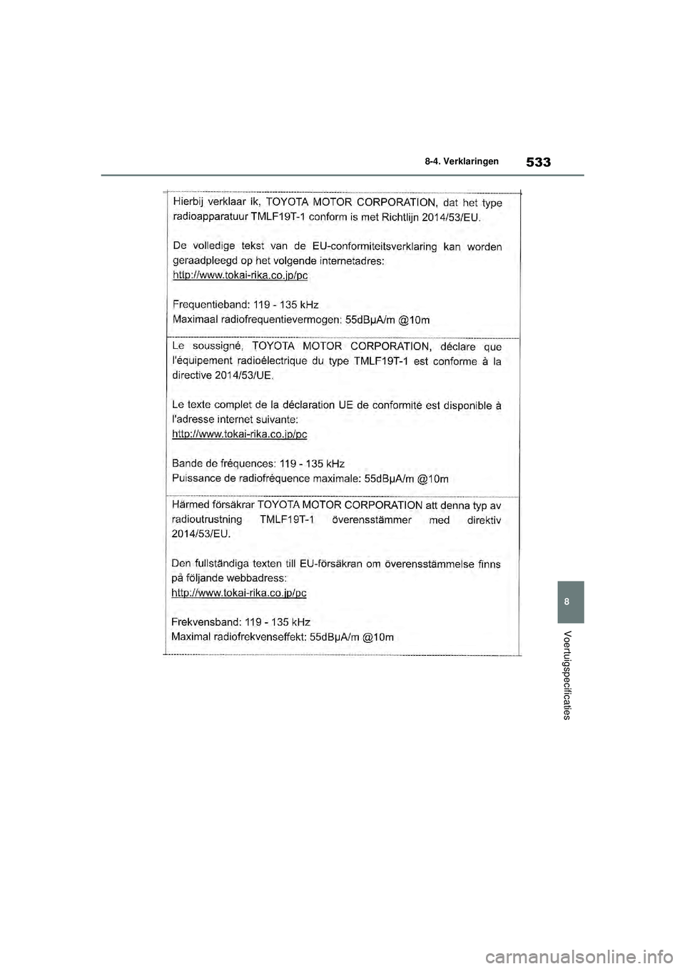 TOYOTA YARIS 2022  Instructieboekje (in Dutch) 533
8
Handleiding HV_Europa_M52N30_nl
8-4. Verklaringen
Voertuigspecificaties
YARIS(HB)_HV_OM_Europe_OM52N30E.book  Page 533  Thursday, August 26, 2021  4:59 PM 