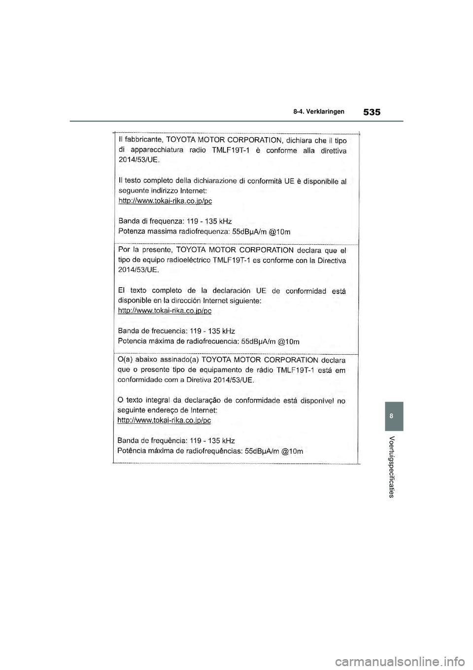 TOYOTA YARIS 2022  Instructieboekje (in Dutch) 535
8
Handleiding HV_Europa_M52N30_nl
8-4. Verklaringen
Voertuigspecificaties
YARIS(HB)_HV_OM_Europe_OM52N30E.book  Page 535  Thursday, August 26, 2021  4:59 PM 