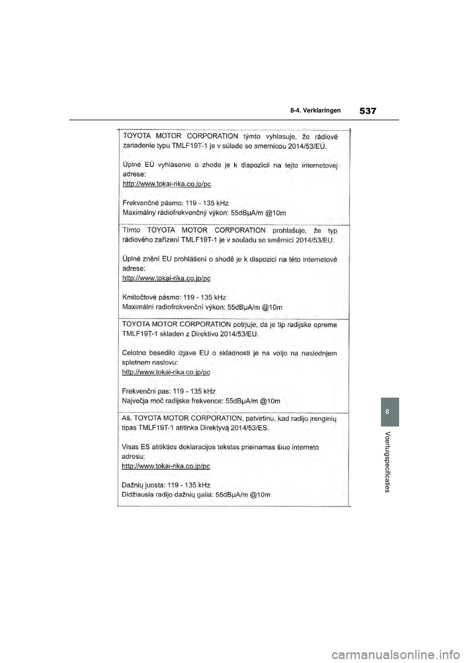TOYOTA YARIS 2022  Instructieboekje (in Dutch) 537
8
Handleiding HV_Europa_M52N30_nl
8-4. Verklaringen
Voertuigspecificaties
YARIS(HB)_HV_OM_Europe_OM52N30E.book  Page 537  Thursday, August 26, 2021  4:59 PM 