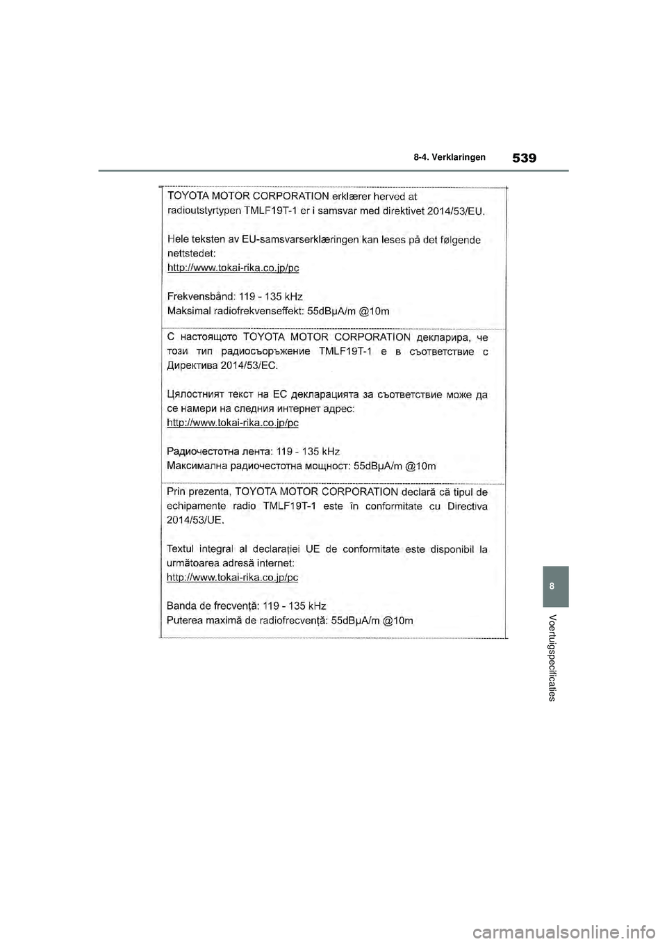TOYOTA YARIS 2022  Instructieboekje (in Dutch) 539
8
Handleiding HV_Europa_M52N30_nl
8-4. Verklaringen
Voertuigspecificaties
YARIS(HB)_HV_OM_Europe_OM52N30E.book  Page 539  Thursday, August 26, 2021  4:59 PM 