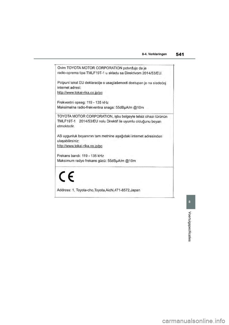TOYOTA YARIS 2022  Instructieboekje (in Dutch) 541
8
Handleiding HV_Europa_M52N30_nl
8-4. Verklaringen
Voertuigspecificaties
YARIS(HB)_HV_OM_Europe_OM52N30E.book  Page 541  Thursday, August 26, 2021  4:59 PM 