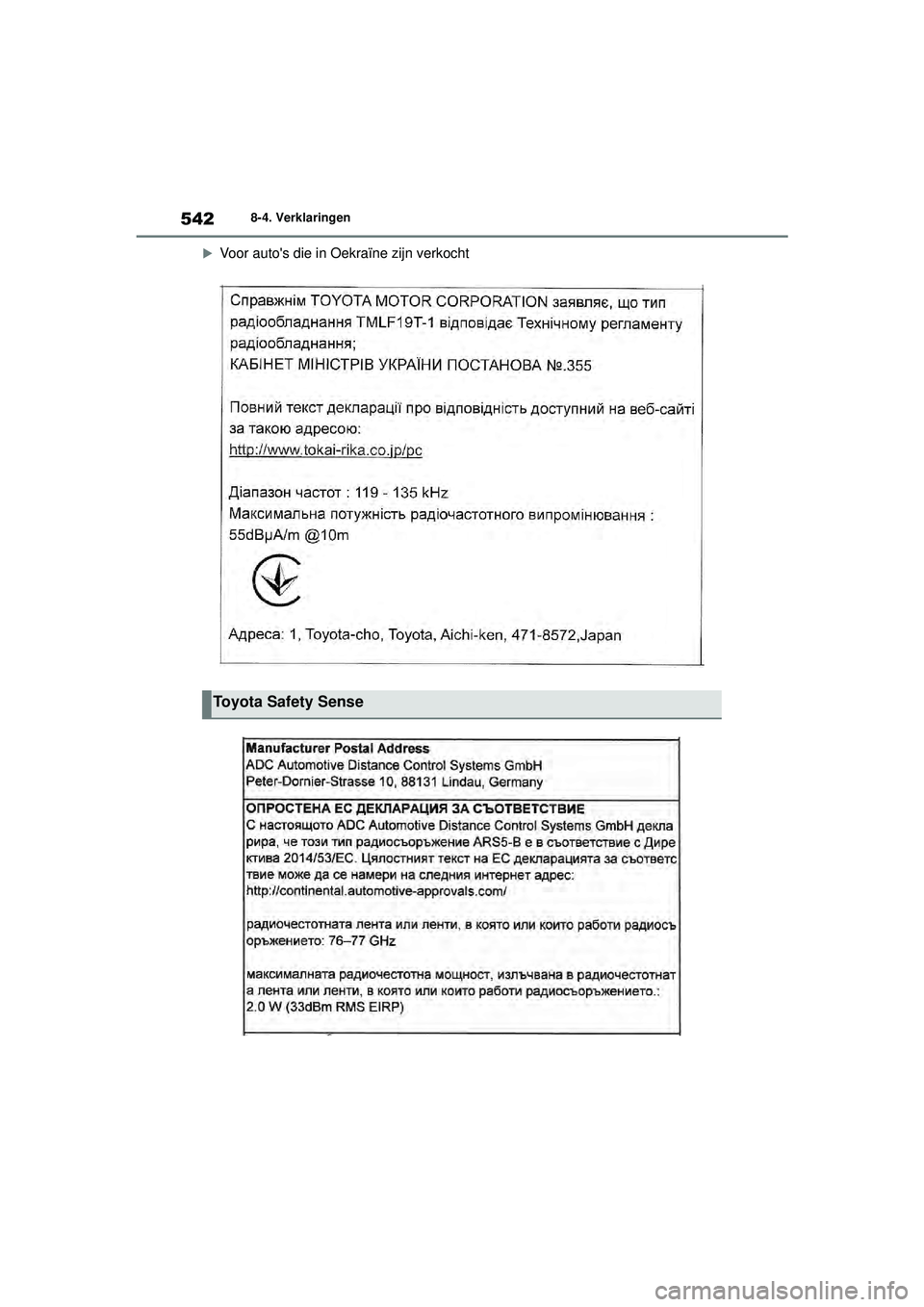 TOYOTA YARIS 2022  Instructieboekje (in Dutch) 542
Handleiding HV_Europa_M52N30_nl
8-4. Verklaringen

Voor autos die in Oekraïne zijn verkocht
Toyota Safety Sense
YARIS(HB)_HV_OM_Europe_OM52N30E.book  Page 542  Thursday, August 26, 2021  4:59
