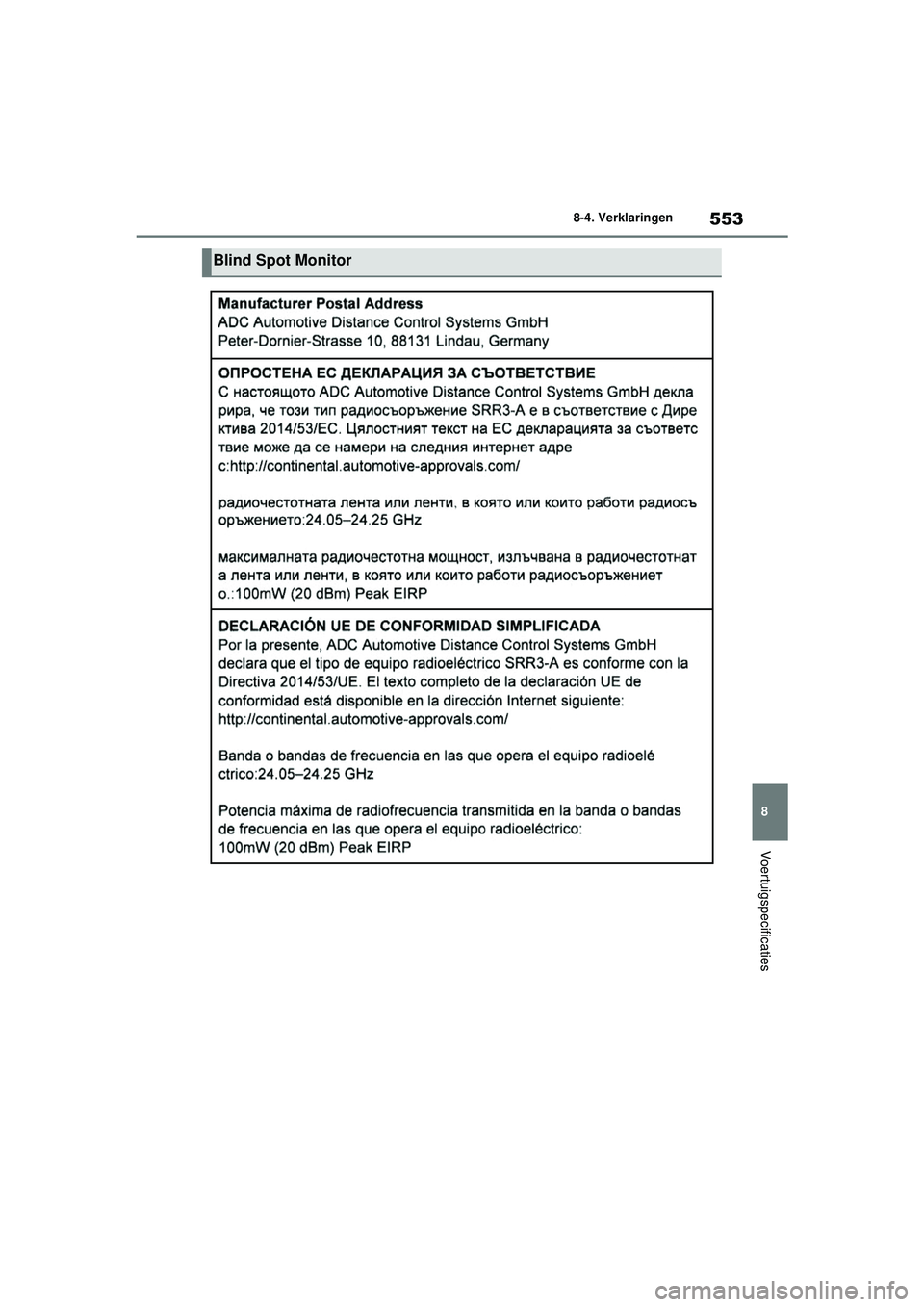 TOYOTA YARIS 2022  Instructieboekje (in Dutch) 553
8
Handleiding HV_Europa_M52N30_nl
8-4. Verklaringen
Voertuigspecificaties
Blind Spot Monitor
YARIS(HB)_HV_OM_Europe_OM52N30E.book  Page 553  Thursday, August 26, 2021  4:59 PM 