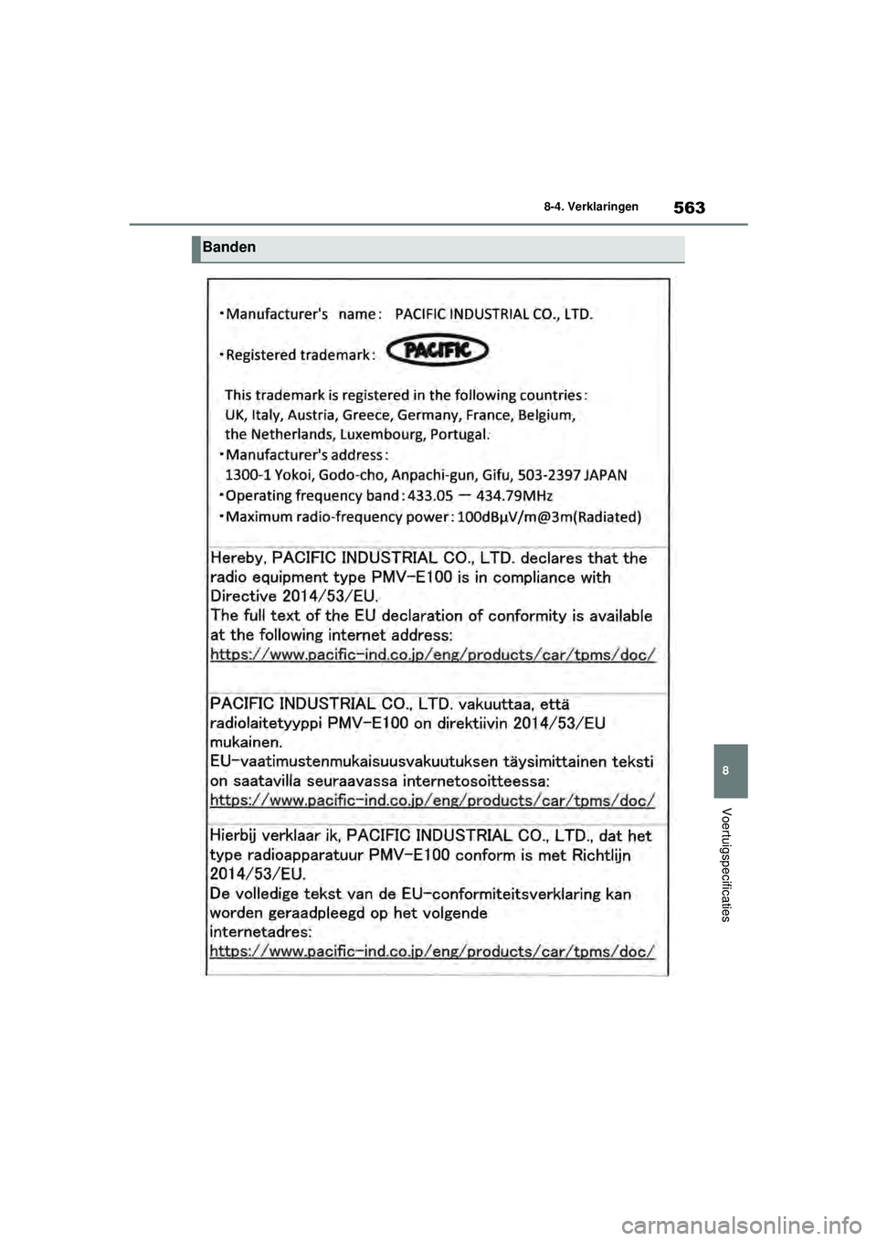 TOYOTA YARIS 2022  Instructieboekje (in Dutch) 563
8
Handleiding HV_Europa_M52N30_nl
8-4. Verklaringen
Voertuigspecificaties
Banden
YARIS(HB)_HV_OM_Europe_OM52N30E.book  Page 563  Thursday, August 26, 2021  4:59 PM 