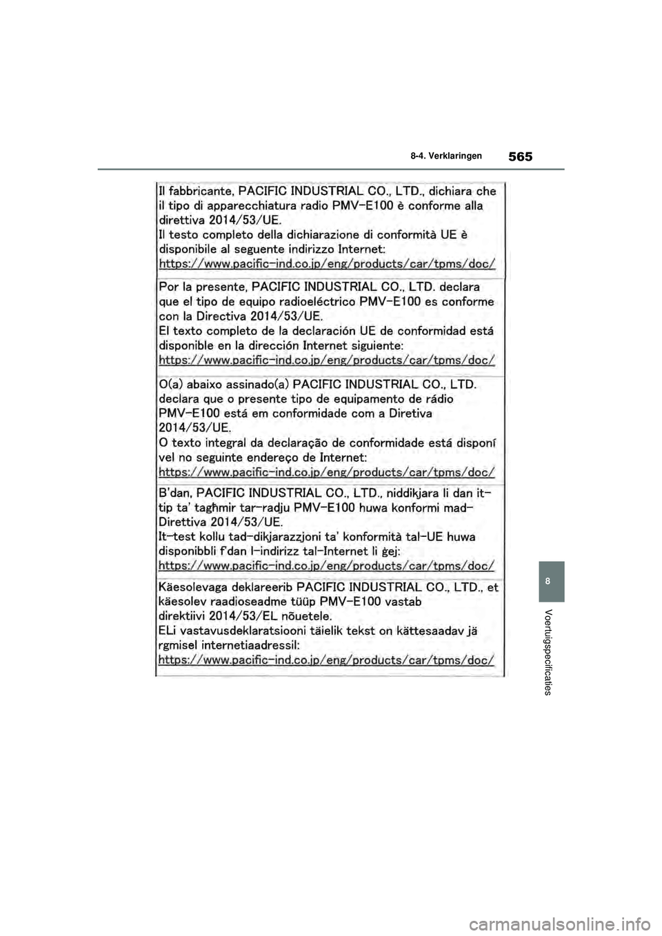 TOYOTA YARIS 2022  Instructieboekje (in Dutch) 565
8
Handleiding HV_Europa_M52N30_nl
8-4. Verklaringen
Voertuigspecificaties
YARIS(HB)_HV_OM_Europe_OM52N30E.book  Page 565  Thursday, August 26, 2021  4:59 PM 