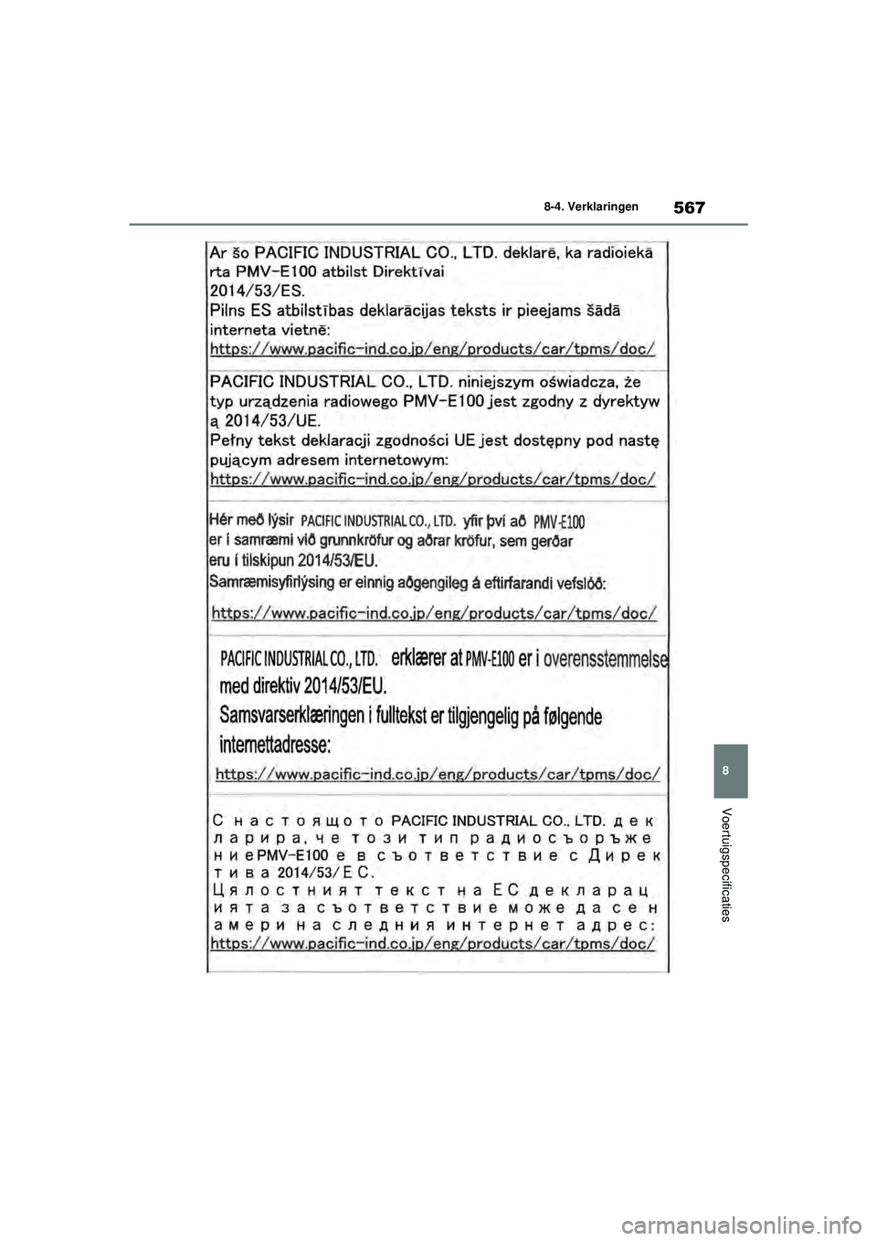 TOYOTA YARIS 2022  Instructieboekje (in Dutch) 567
8
Handleiding HV_Europa_M52N30_nl
8-4. Verklaringen
Voertuigspecificaties
YARIS(HB)_HV_OM_Europe_OM52N30E.book  Page 567  Thursday, August 26, 2021  4:59 PM 
