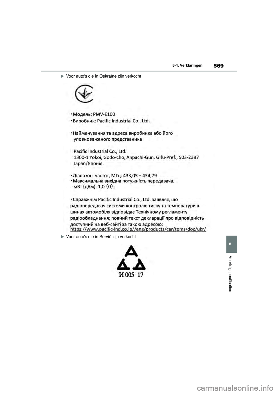 TOYOTA YARIS 2022  Instructieboekje (in Dutch) 569
8
Handleiding HV_Europa_M52N30_nl
8-4. Verklaringen
Voertuigspecificaties
Voor autos die in Oekraïne zijn verkocht
Voor autos die in Servië zijn verkocht
YARIS(HB)_HV_OM_Europe_OM52N30E.