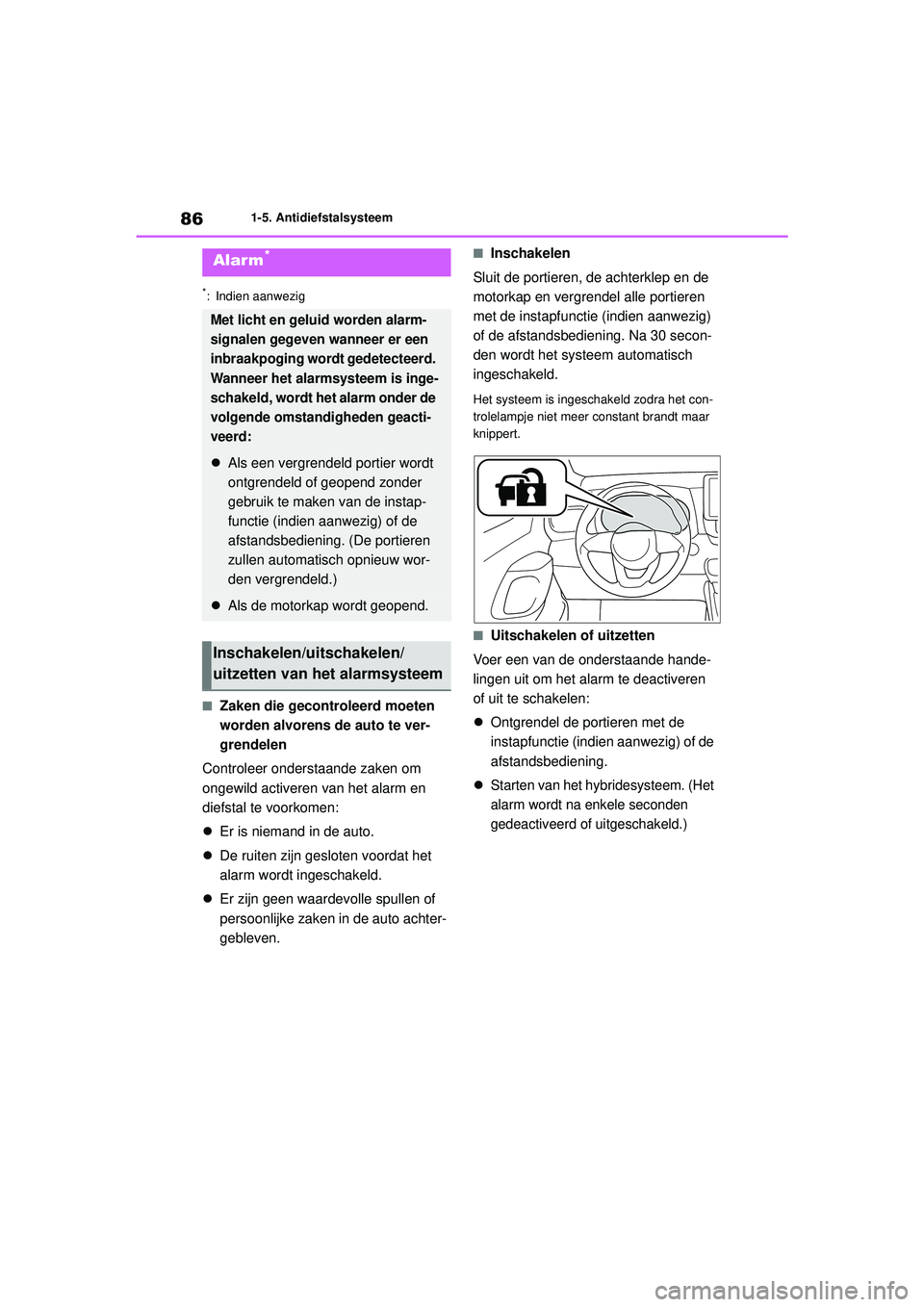 TOYOTA YARIS 2022 Instructieboekje (in Dutch) 86
Handleiding HV_Europa_M52N30_nl
1-5. Antidiefstalsysteem
*: Indien aanwezig
■Zaken die gecontroleerd moeten
worden alvorens de auto te ver-
grendelen
Controleer onderstaande zaken om
ongewild a TOYOTA YARIS 2022 Instructieboekje (in Dutch) 86
Handleiding HV_Europa_M52N30_nl
1-5. Antidiefstalsysteem
*: Indien aanwezig
■Zaken die gecontroleerd moeten
worden alvorens de auto te ver-
grendelen
Controleer onderstaande zaken om
ongewild a
