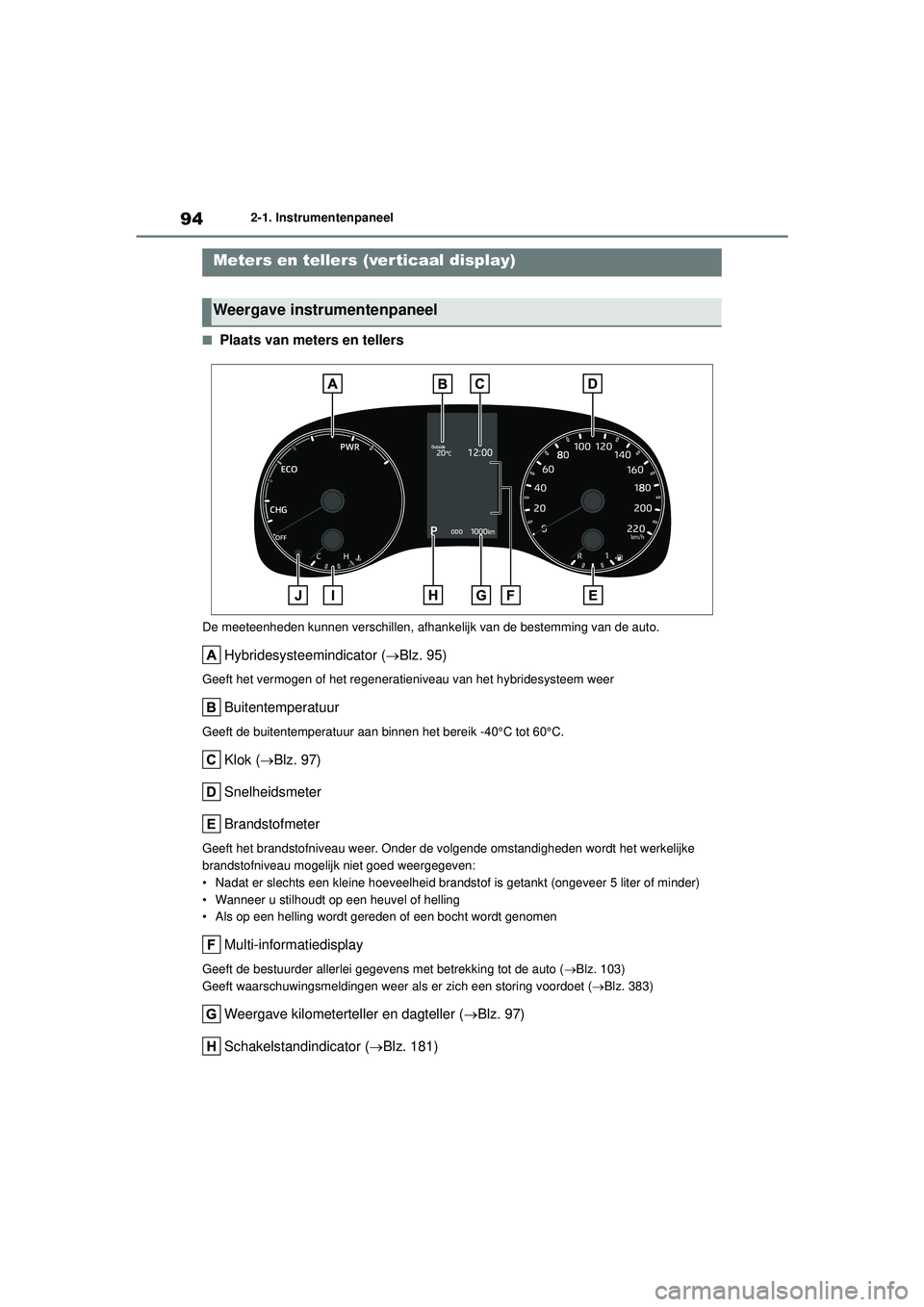 TOYOTA YARIS 2022 Instructieboekje (in Dutch) 94
Handleiding HV_Europa_M52N30_nl
2-1. Instrumentenpaneel
■Plaats van meters en tellers
De meeteenheden kunnen verschillen, afhankelijk van de bestemming van de auto.
Hybridesysteemindicator (Bl TOYOTA YARIS 2022 Instructieboekje (in Dutch) 94
Handleiding HV_Europa_M52N30_nl
2-1. Instrumentenpaneel
■Plaats van meters en tellers
De meeteenheden kunnen verschillen, afhankelijk van de bestemming van de auto.
Hybridesysteemindicator (Bl