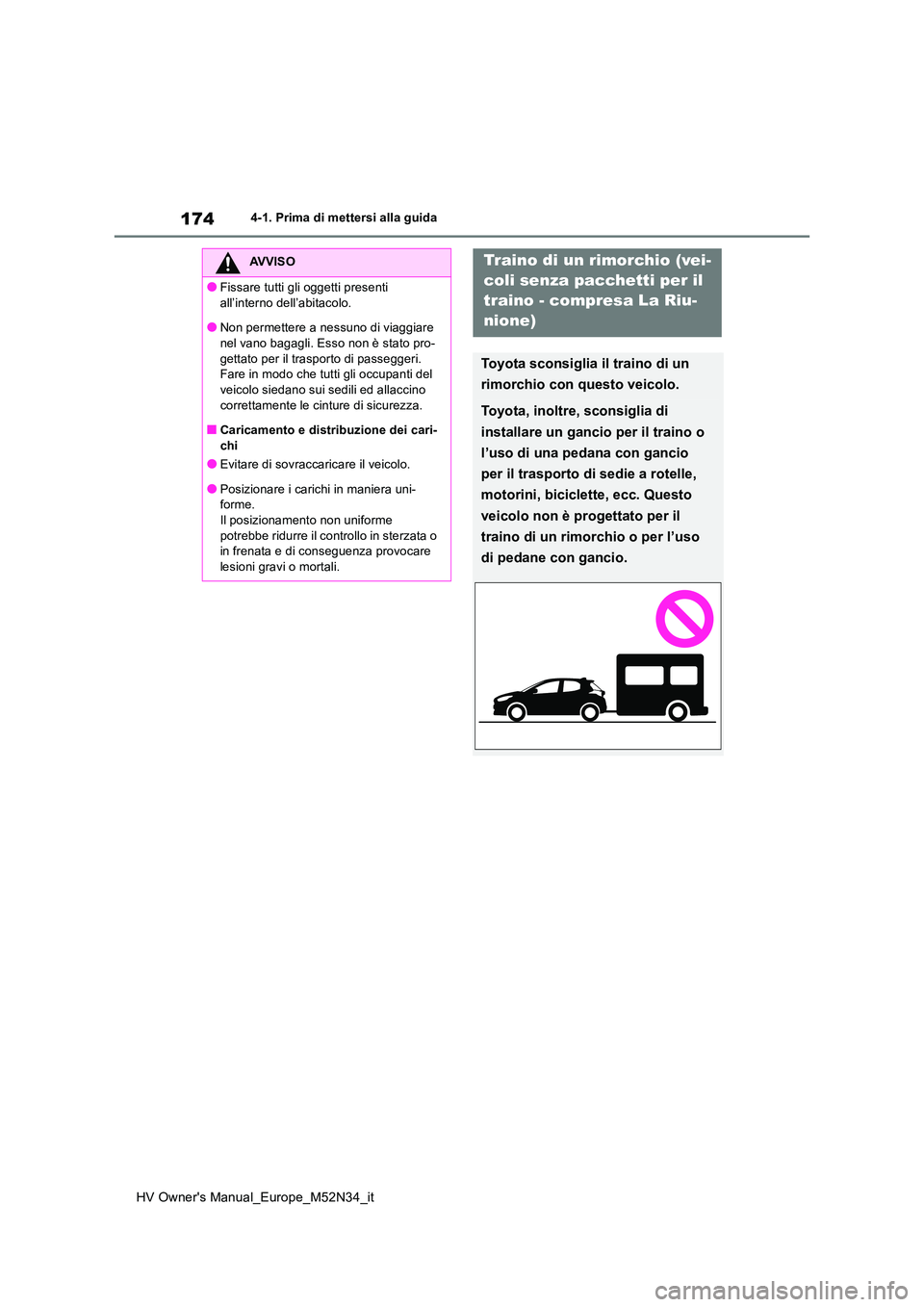TOYOTA YARIS 2022  Manuale duso (in Italian) 174
HV Owner's Manual_Europe_M52N34_it
4-1. Prima di mettersi alla guida
AVVISO
●Fissare tutti gli oggetti presenti  
all’interno dell’abitacolo.
●Non permettere a nessuno di viaggiare  ne
