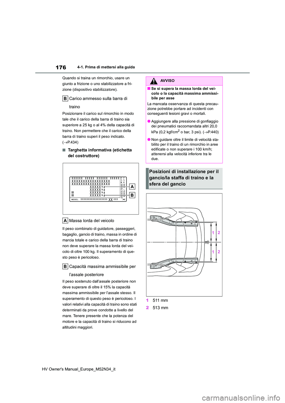 TOYOTA YARIS 2022  Manuale duso (in Italian) 176
HV Owner's Manual_Europe_M52N34_it
4-1. Prima di mettersi alla guida 
Quando si traina un rimorchio, usare un  
giunto a frizione o uno stabilizzatore a fri-
zione (dispositivo stabilizzatore)