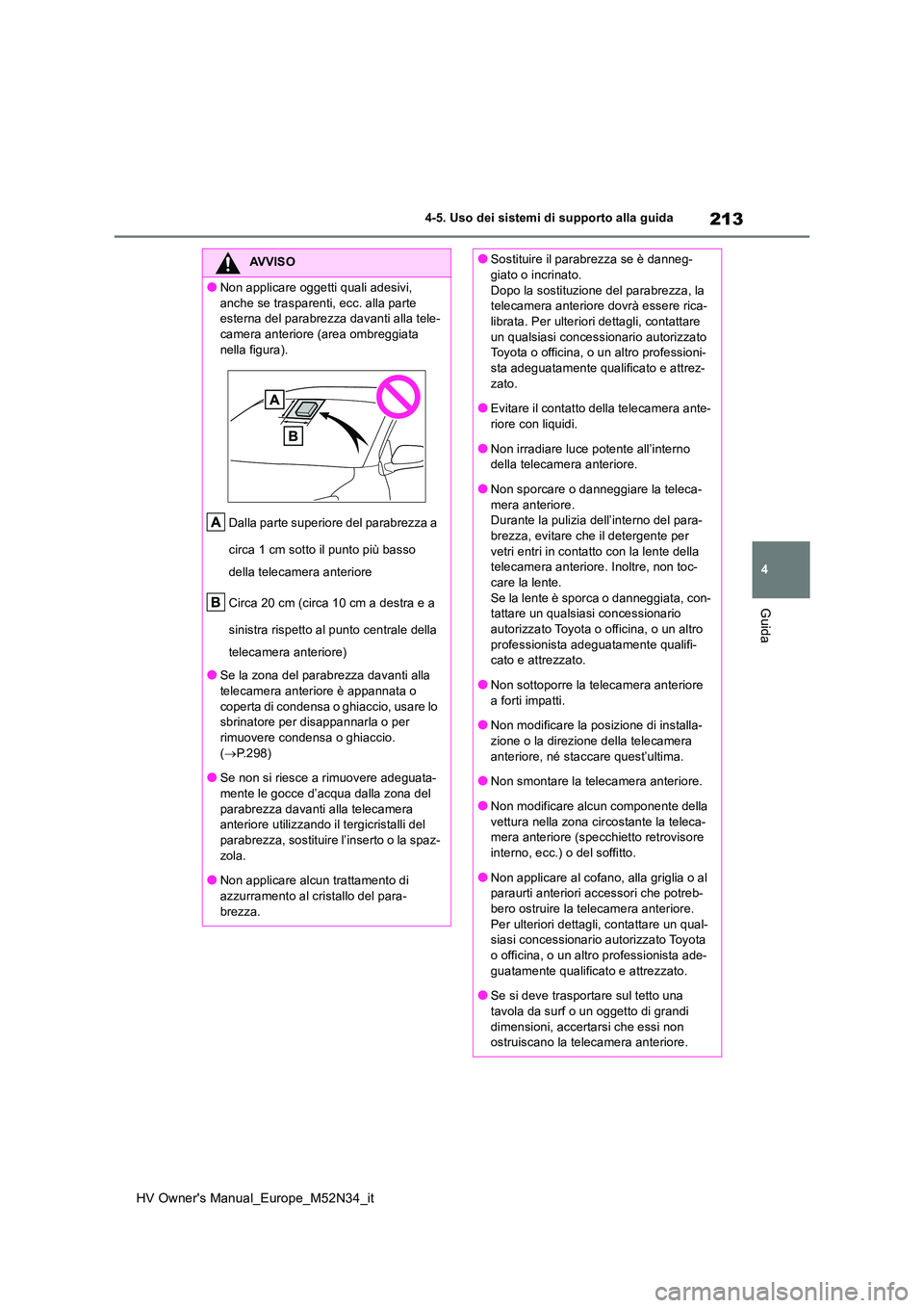 TOYOTA YARIS 2022  Manuale duso (in Italian) 213
4
HV Owner's Manual_Europe_M52N34_it
4-5. Uso dei sistemi di supporto alla guida
Guida
AVVISO
●Non applicare oggetti quali adesivi,  
anche se trasparenti, ecc. alla parte  esterna del parab