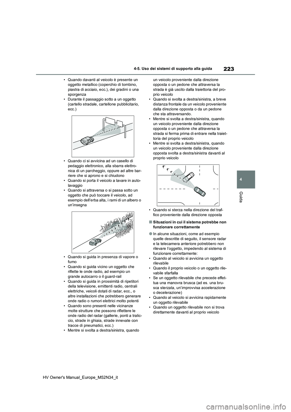 TOYOTA YARIS 2022  Manuale duso (in Italian) 223
4
HV Owner's Manual_Europe_M52N34_it
4-5. Uso dei sistemi di supporto alla guida
Guida
• Quando davanti al veicolo è presente un  oggetto metallico (coperchio di tombino, piastra di acciaio
