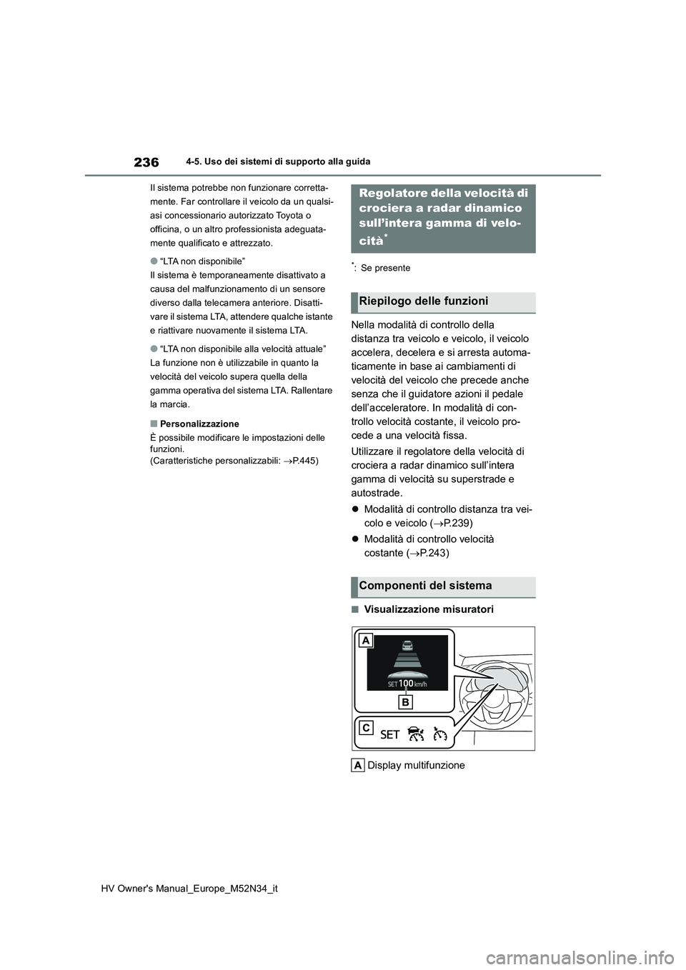 TOYOTA YARIS 2022  Manuale duso (in Italian) 236
HV Owner's Manual_Europe_M52N34_it
4-5. Uso dei sistemi di supporto alla guida 
Il sistema potrebbe non funzionare corretta- 
mente. Far controllare il veicolo da un qualsi-
asi concessionario