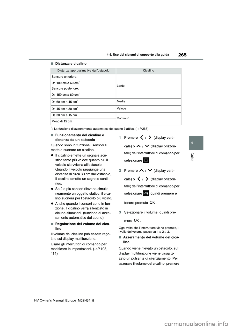 TOYOTA YARIS 2022  Manuale duso (in Italian) 265
4
HV Owner's Manual_Europe_M52N34_it
4-5. Uso dei sistemi di supporto alla guida
Guida
■Distanza e cicalino
*: La funzione di azzeramento automatico del suono è attiva. (P.265)
■Funzio