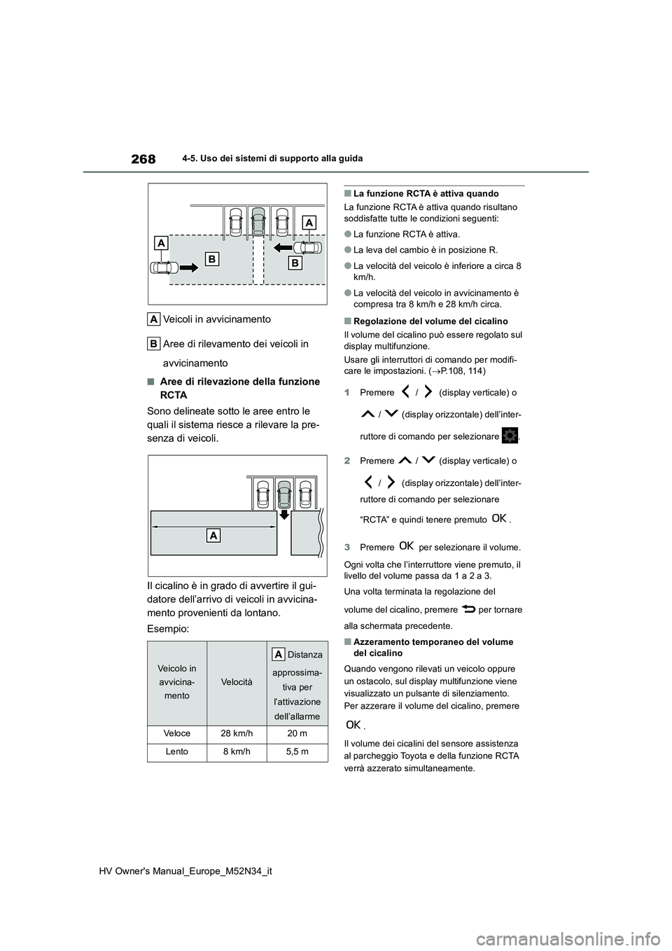 TOYOTA YARIS 2022  Manuale duso (in Italian) 268
HV Owner's Manual_Europe_M52N34_it
4-5. Uso dei sistemi di supporto alla guida
Veicoli in avvicinamento 
Aree di rilevamento dei veicoli in  
avvicinamento
■Aree di rilevazione della funzion