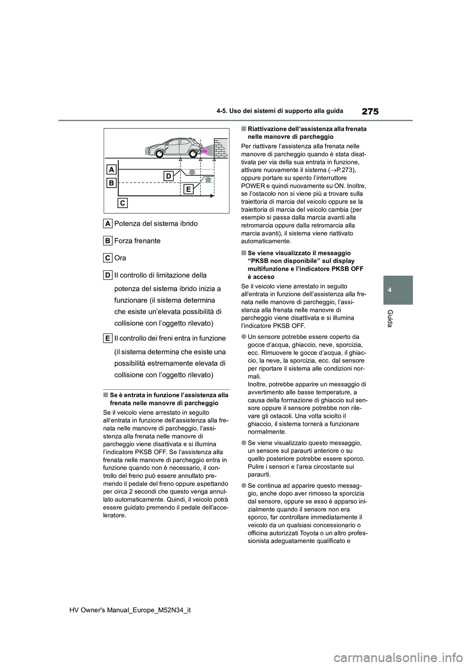 TOYOTA YARIS 2022 Manuale duso (in Italian) 275
4
HV Owner's Manual_Europe_M52N34_it
4-5. Uso dei sistemi di supporto alla guida
Guida
Potenza del sistema ibrido
Forza frenante
Ora
Il controllo di limitazione della
potenza del sistema ib TOYOTA YARIS 2022 Manuale duso (in Italian) 275
4
HV Owner's Manual_Europe_M52N34_it
4-5. Uso dei sistemi di supporto alla guida
Guida
Potenza del sistema ibrido
Forza frenante
Ora
Il controllo di limitazione della
potenza del sistema ib