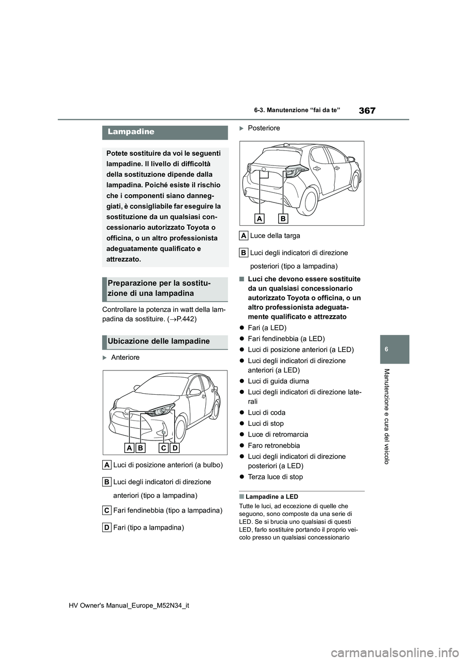 TOYOTA YARIS 2022  Manuale duso (in Italian) 367
6
HV Owner's Manual_Europe_M52N34_it
6-3. Manutenzione “fai da te”
Manutenzione e cura del veicolo
Controllare la potenza in watt della lam- 
padina da sostituire. ( P.442)
Anteriore