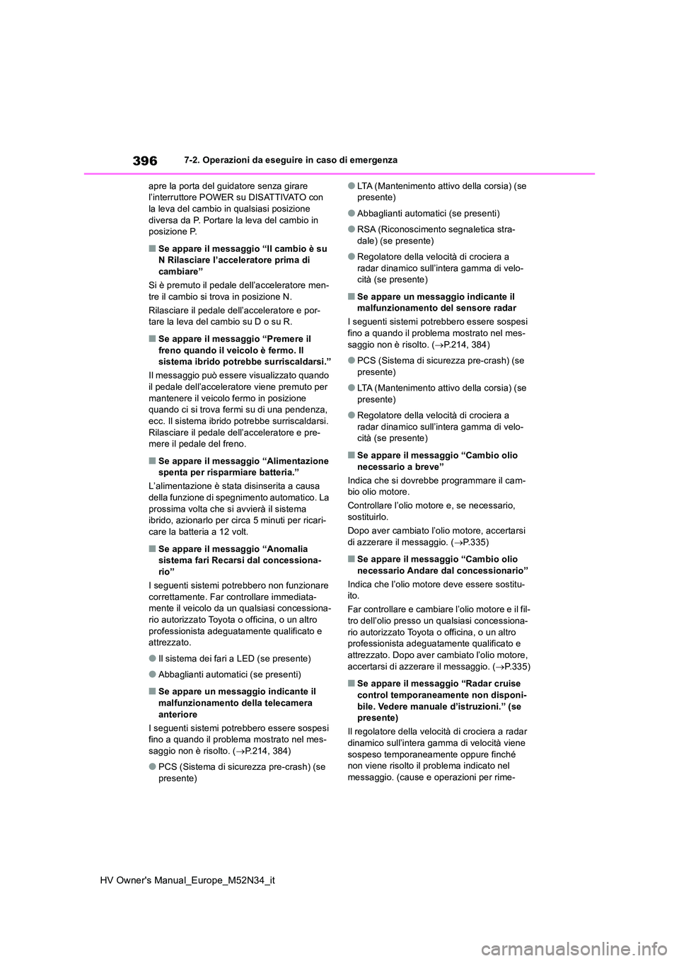 TOYOTA YARIS 2022 Manuale duso (in Italian) 396
HV Owner's Manual_Europe_M52N34_it
7-2. Operazioni da eseguire in caso di emergenza
apre la porta del guidatore senza girare l’interruttore POWER su DISATTIVATO con la leva del cambio in q TOYOTA YARIS 2022 Manuale duso (in Italian) 396
HV Owner's Manual_Europe_M52N34_it
7-2. Operazioni da eseguire in caso di emergenza
apre la porta del guidatore senza girare l’interruttore POWER su DISATTIVATO con la leva del cambio in q