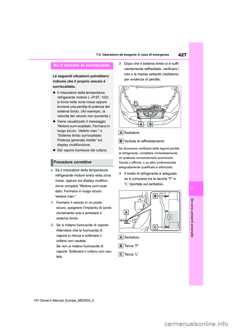 TOYOTA YARIS 2022  Manuale duso (in Italian) 427
7
HV Owner's Manual_Europe_M52N34_it
7-2. Operazioni da eseguire in caso di emergenza
Se sono presenti anomalie
Se il misuratore della temperatura  
refrigerante motore entra nella zona  
r