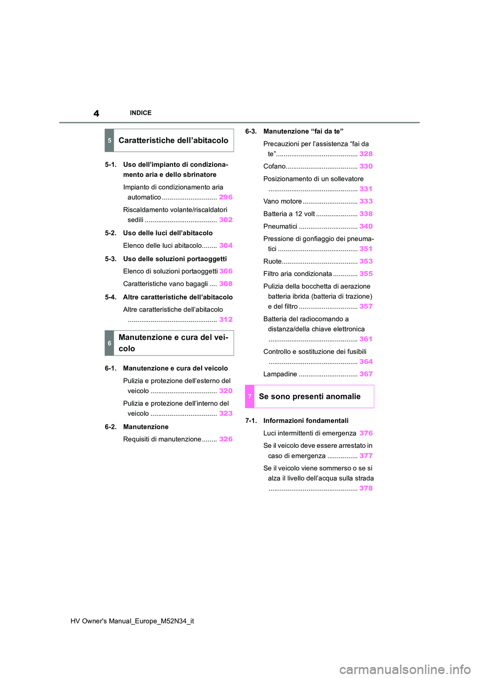 TOYOTA YARIS 2022 Manuale duso (in Italian) 4
HV Owner's Manual_Europe_M52N34_it
INDICE
5-1. Uso dell’impianto di condiziona-
mento aria e dello sbrinatore
Impianto di condizionamento aria
automatico ............................. 296 TOYOTA YARIS 2022 Manuale duso (in Italian) 4
HV Owner's Manual_Europe_M52N34_it
INDICE
5-1. Uso dell’impianto di condiziona-
mento aria e dello sbrinatore
Impianto di condizionamento aria
automatico ............................. 296