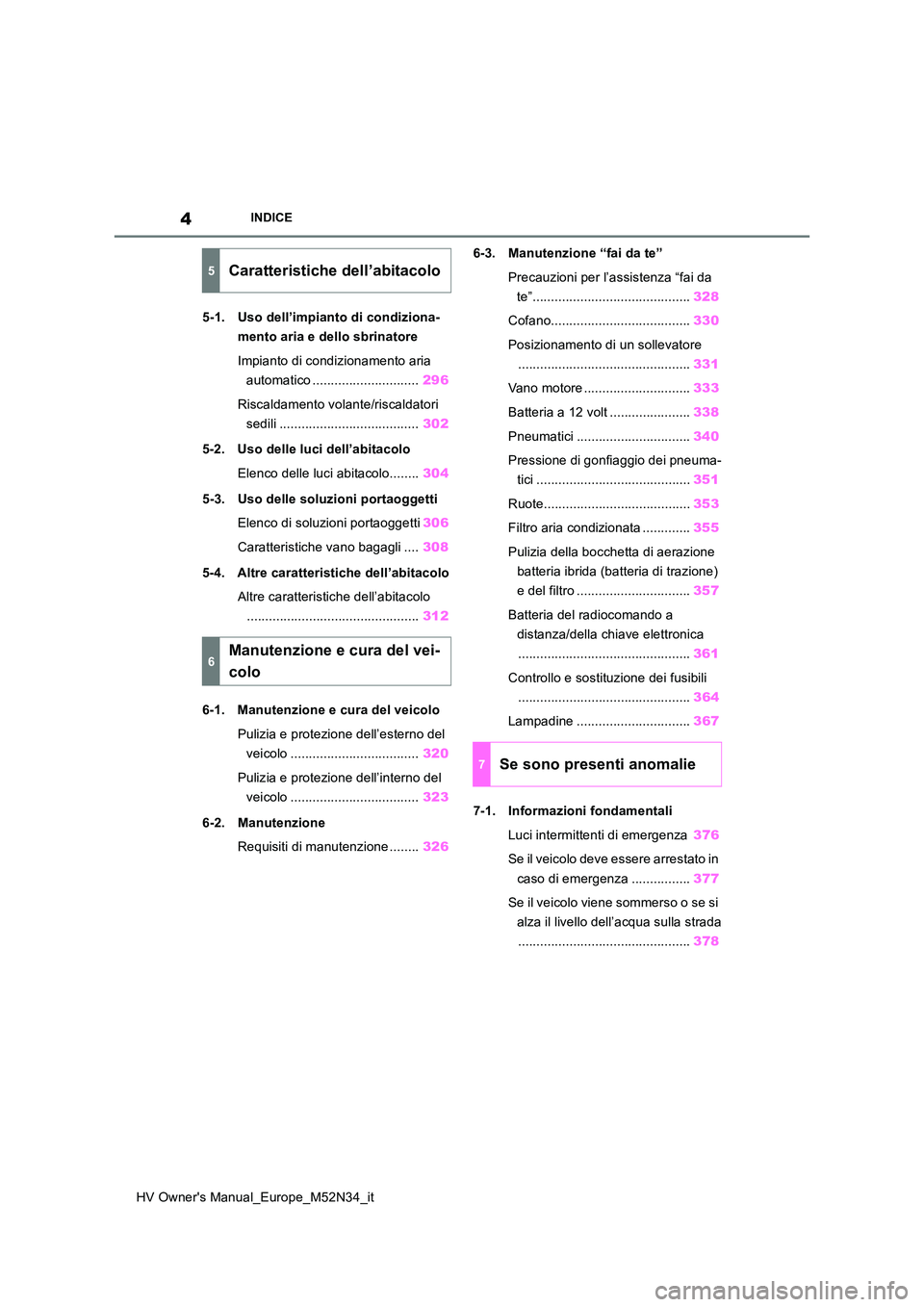 TOYOTA YARIS 2022  Manuale duso (in Italian) 4
HV Owner's Manual_Europe_M52N34_it
INDICE
5-1. Uso dell’impianto di condiziona- 
mento aria e dello sbrinatore 
Impianto di condizionamento aria  
automatico ............................. 296 