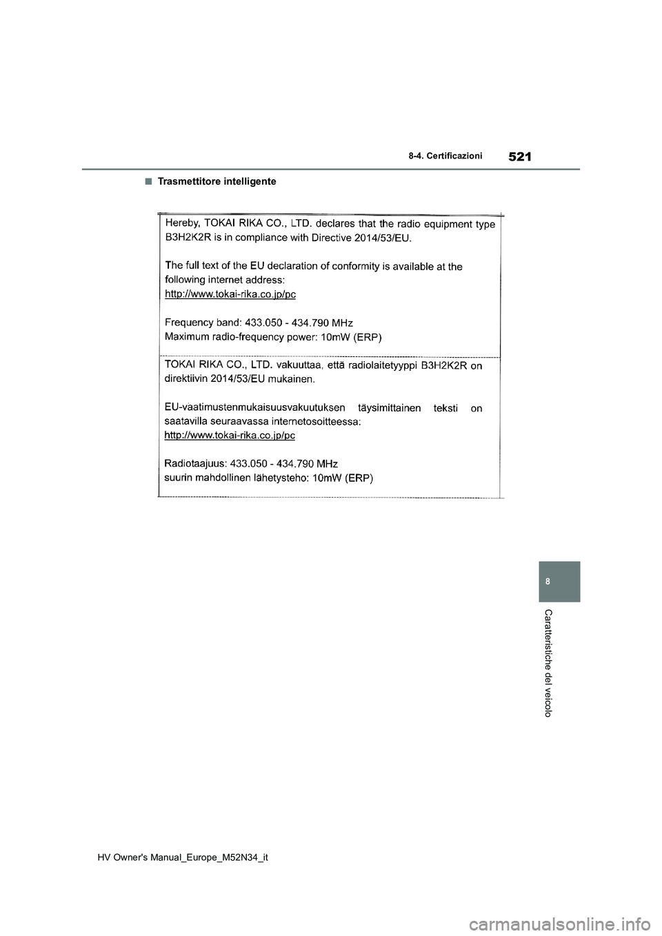 TOYOTA YARIS 2022 Manuale duso (in Italian) 521
8
HV Owner's Manual_Europe_M52N34_it
8-4. Certificazioni
Caratteristiche del veicolo
■Trasmettitore intelligente TOYOTA YARIS 2022 Manuale duso (in Italian) 521
8
HV Owner's Manual_Europe_M52N34_it
8-4. Certificazioni
Caratteristiche del veicolo
■Trasmettitore intelligente