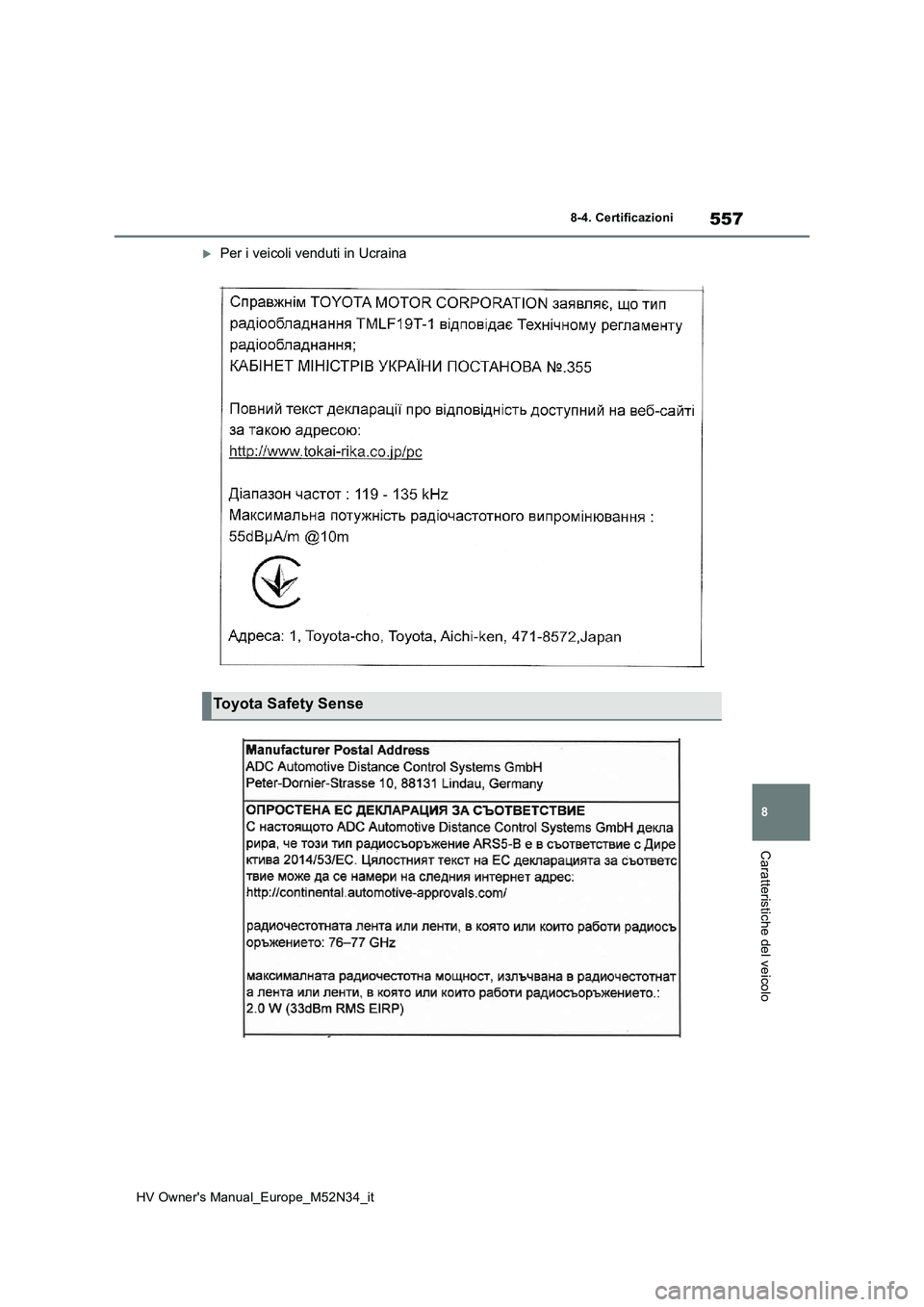 TOYOTA YARIS 2022 Manuale duso (in Italian) 557
8
HV Owner's Manual_Europe_M52N34_it
8-4. Certificazioni
Caratteristiche del veicolo
Per i veicoli venduti in Ucraina
Toyota Safety Sense TOYOTA YARIS 2022 Manuale duso (in Italian) 557
8
HV Owner's Manual_Europe_M52N34_it
8-4. Certificazioni
Caratteristiche del veicolo
Per i veicoli venduti in Ucraina
Toyota Safety Sense