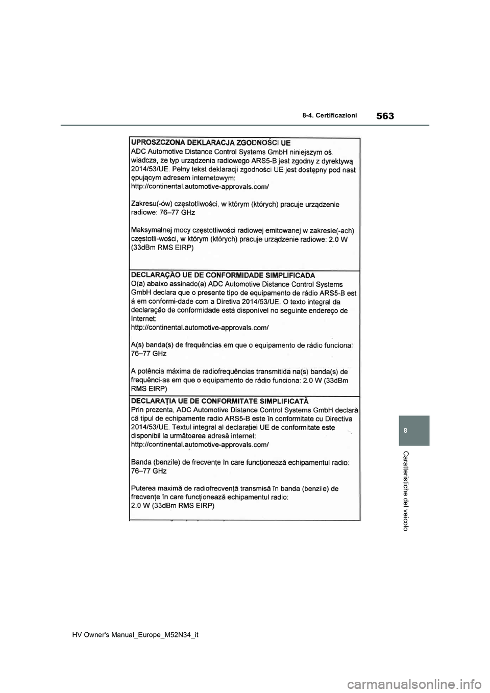 TOYOTA YARIS 2022 Manuale duso (in Italian) 563
8
HV Owner's Manual_Europe_M52N34_it
8-4. Certificazioni
Caratteristiche del veicolo TOYOTA YARIS 2022 Manuale duso (in Italian) 563
8
HV Owner's Manual_Europe_M52N34_it
8-4. Certificazioni
Caratteristiche del veicolo