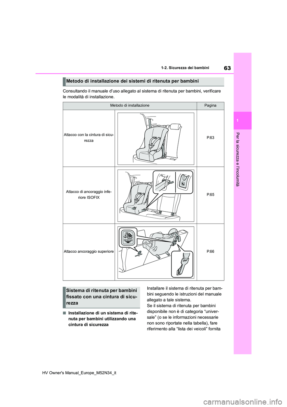 TOYOTA YARIS 2022 Manuale duso (in Italian) 63
1
HV Owner's Manual_Europe_M52N34_it
1-2. Sicurezza dei bambini
Per la sicurezza e l’incolumità
Consultando il manuale d’uso allegato al sistema di ritenuta per bambini, verificare
le mo TOYOTA YARIS 2022 Manuale duso (in Italian) 63
1
HV Owner's Manual_Europe_M52N34_it
1-2. Sicurezza dei bambini
Per la sicurezza e l’incolumità
Consultando il manuale d’uso allegato al sistema di ritenuta per bambini, verificare
le mo