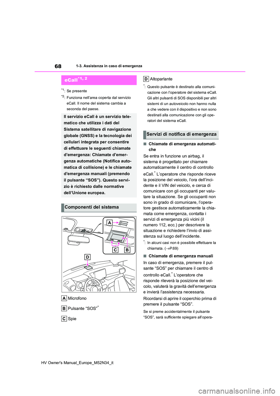 TOYOTA YARIS 2022 Manuale duso (in Italian) 68
HV Owner's Manual_Europe_M52N34_it
1-3. Assistenza in caso di emergenza
1-3.Assistenz a in cas o d i emergenz a
*1: Se presente
*2: Funziona nell’area coperta dal servizio
eCall. Il nome de TOYOTA YARIS 2022 Manuale duso (in Italian) 68
HV Owner's Manual_Europe_M52N34_it
1-3. Assistenza in caso di emergenza
1-3.Assistenz a in cas o d i emergenz a
*1: Se presente
*2: Funziona nell’area coperta dal servizio
eCall. Il nome de