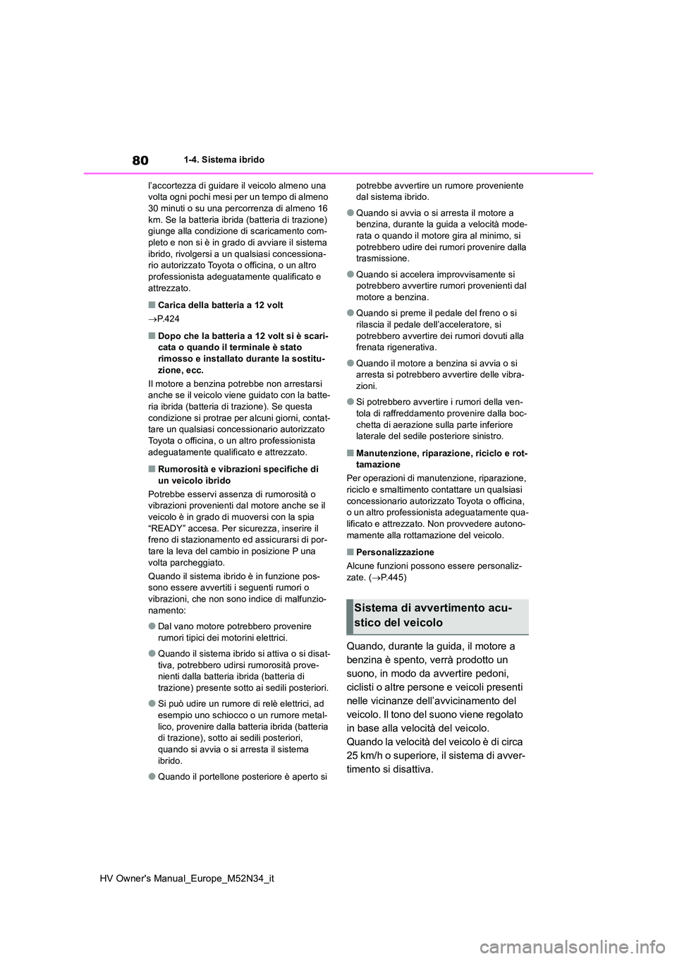 TOYOTA YARIS 2022 Manuale duso (in Italian) 80
HV Owner's Manual_Europe_M52N34_it
1-4. Sistema ibrido
l’accortezza di guidare il veicolo almeno una volta ogni pochi mesi per un tempo di almeno 30 minuti o su una percorrenza di almeno 16 TOYOTA YARIS 2022 Manuale duso (in Italian) 80
HV Owner's Manual_Europe_M52N34_it
1-4. Sistema ibrido
l’accortezza di guidare il veicolo almeno una volta ogni pochi mesi per un tempo di almeno 30 minuti o su una percorrenza di almeno 16