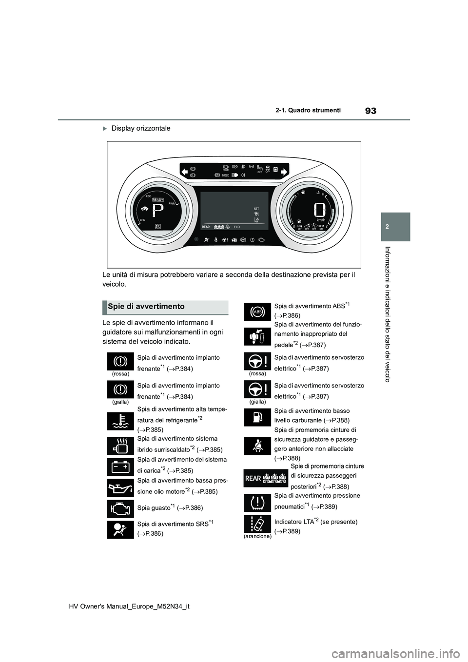 TOYOTA YARIS 2022  Manuale duso (in Italian) 93
2
HV Owner's Manual_Europe_M52N34_it
2-1. Quadro strumenti
Informazioni e indicatori dello stato del veicolo
Display orizzontale 
Le unità di misura potrebbero variare a seconda della desti