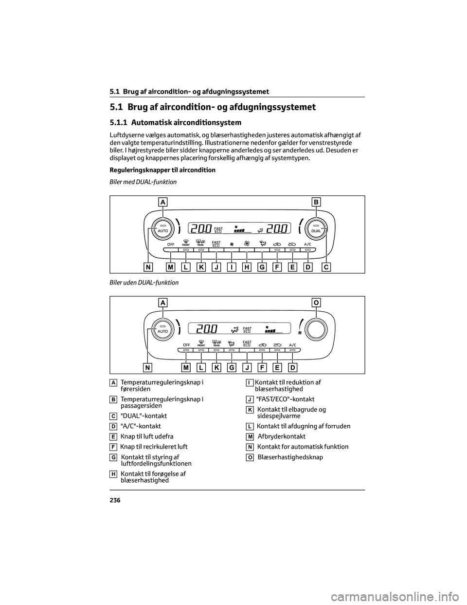 TOYOTA YARIS 2022 Brugsanvisning (in Danish) 5.1 Brug af aircondition- og afdugningssystemet
5.1.1 Automatisk airconditionsystem
Luftdyserne vælges automatisk, og blæserhastigheden justeres automatisk afhængigt af
den valgte temperaturindstil TOYOTA YARIS 2022 Brugsanvisning (in Danish) 5.1 Brug af aircondition- og afdugningssystemet
5.1.1 Automatisk airconditionsystem
Luftdyserne vælges automatisk, og blæserhastigheden justeres automatisk afhængigt af
den valgte temperaturindstil