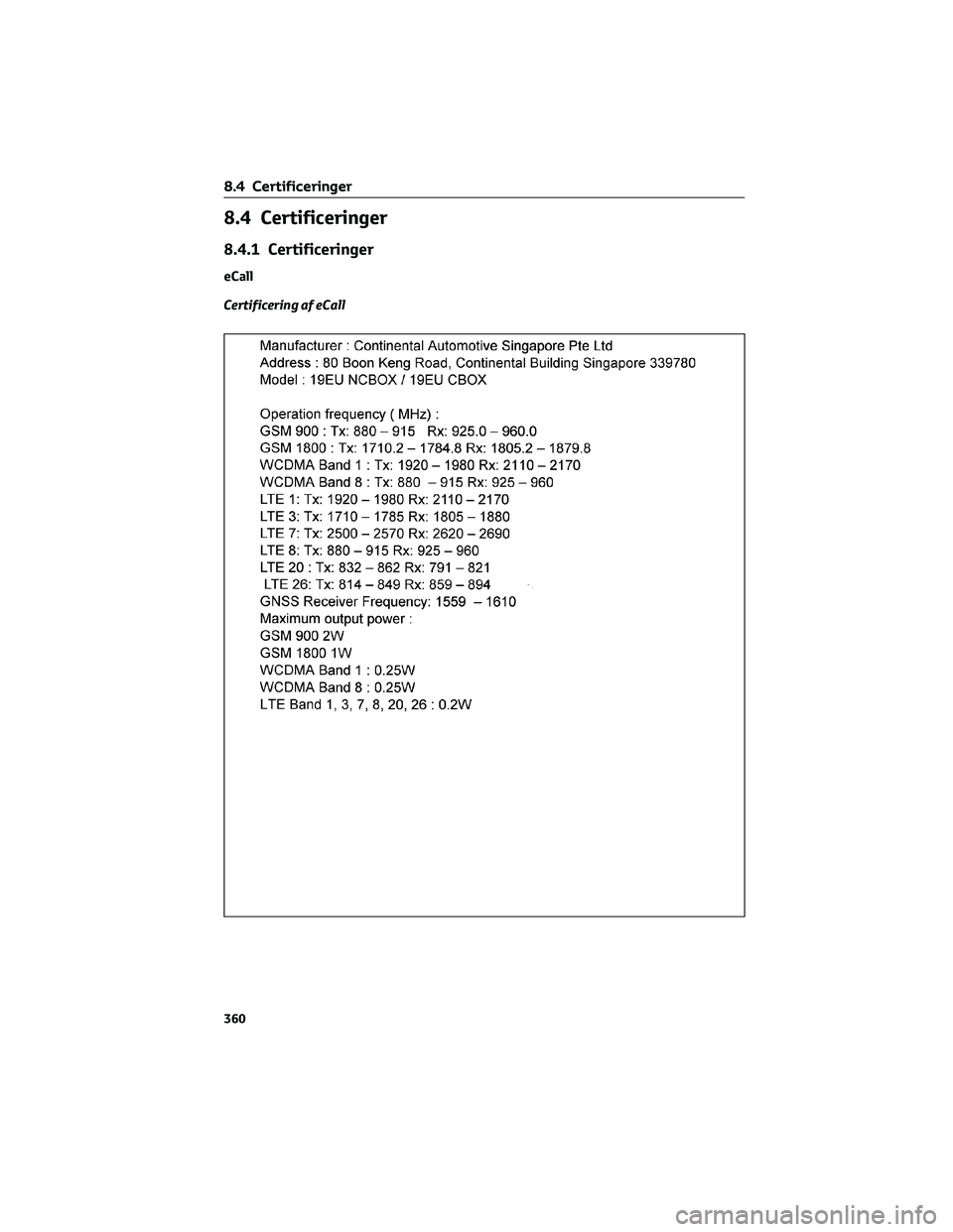 TOYOTA YARIS 2022 Brugsanvisning (in Danish) 8.4 Certificeringer
8.4.1 Certificeringer
eCall
Certificering af eCall
8.4 Certificeringer
360 TOYOTA YARIS 2022 Brugsanvisning (in Danish) 8.4 Certificeringer
8.4.1 Certificeringer
eCall
Certificering af eCall
8.4 Certificeringer
360