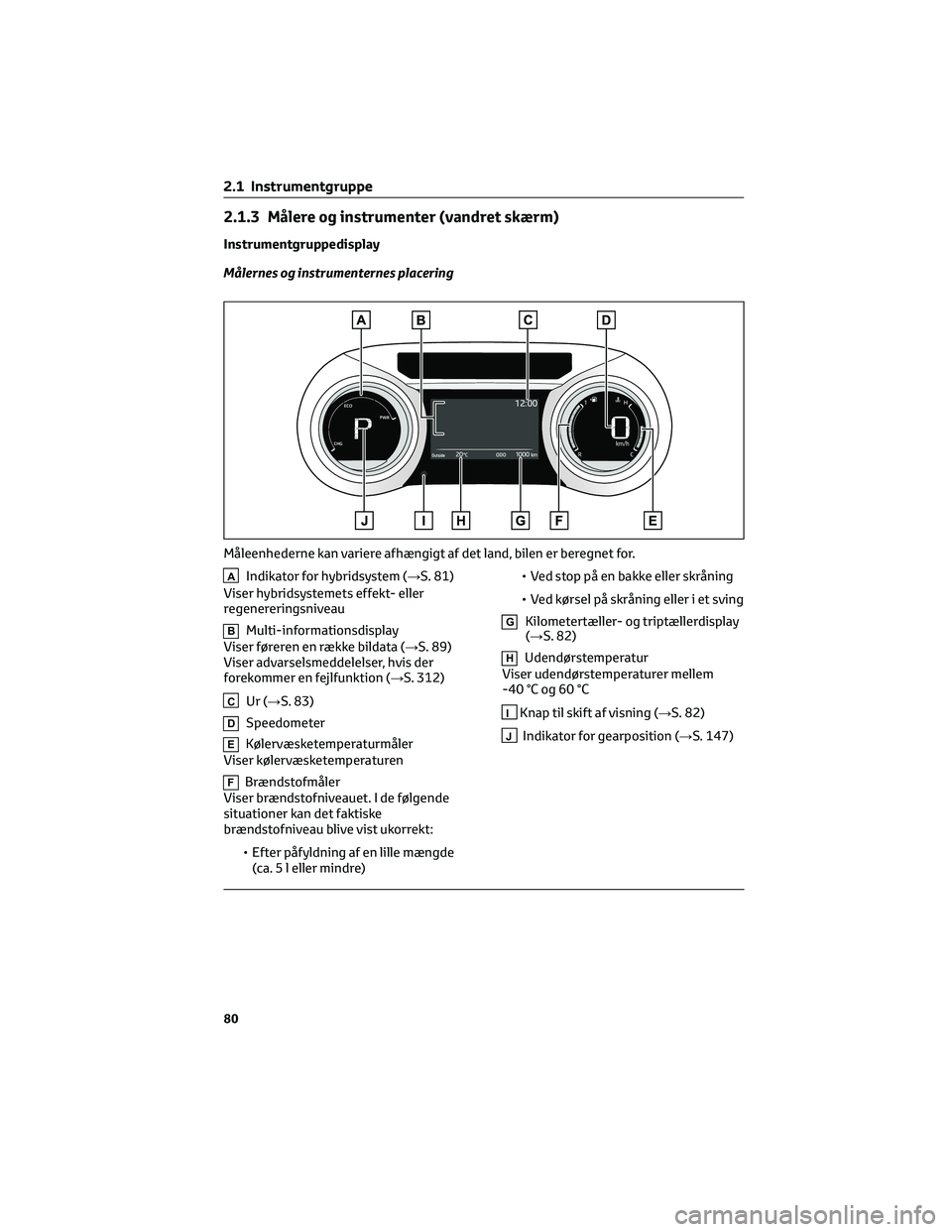 TOYOTA YARIS 2022 Brugsanvisning (in Danish) 2.1.3 Målere og instrumenter (vandret skærm)
Instrumentgruppedisplay
Målernes og instrumenternes placering
AIndikator for hybridsystem (→S. 81)
Viser hybridsystemets effekt- eller
regenereringsni TOYOTA YARIS 2022 Brugsanvisning (in Danish) 2.1.3 Målere og instrumenter (vandret skærm)
Instrumentgruppedisplay
Målernes og instrumenternes placering
AIndikator for hybridsystem (→S. 81)
Viser hybridsystemets effekt- eller
regenereringsni