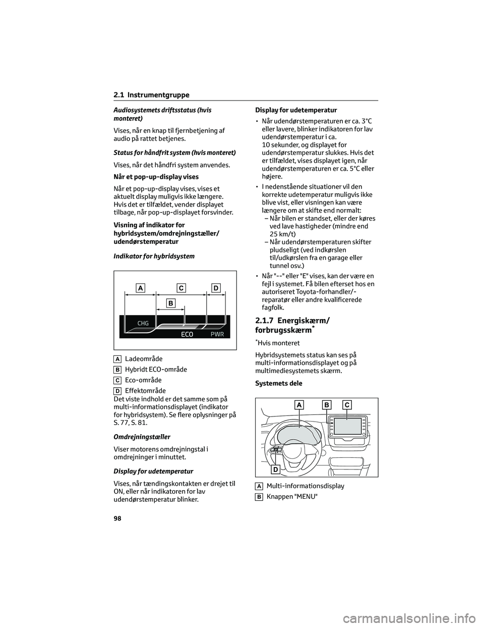 TOYOTA YARIS 2022 Brugsanvisning (in Danish) Audiosystemets driftsstatus (hvis
monteret)
Vises, når en knap til fjernbetjening af
audio på rattet betjenes.
St
atus for håndfrit system (hvis monteret)
Vises, når det håndfri system anvendes.
TOYOTA YARIS 2022 Brugsanvisning (in Danish) Audiosystemets driftsstatus (hvis
monteret)
Vises, når en knap til fjernbetjening af
audio på rattet betjenes.
St
atus for håndfrit system (hvis monteret)
Vises, når det håndfri system anvendes.