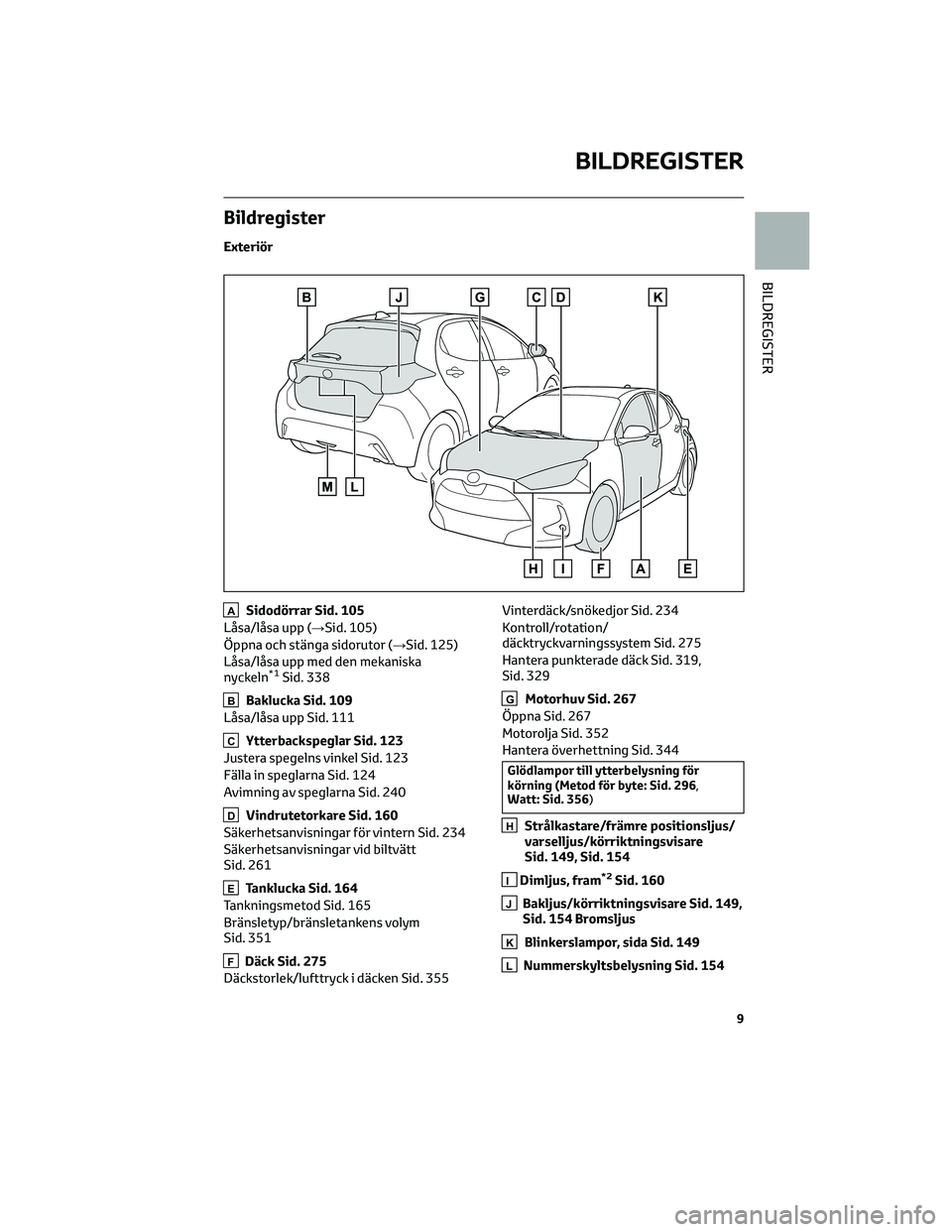 TOYOTA YARIS 2022  Bruksanvisningar (in Swedish) Bildregister
Exteriör
ASidodörrar Sid. 105
Låsa/låsa upp (→Sid. 105)
Öppna och stänga sidorutor (→Sid. 125)
Låsa/låsa upp med den mekaniska
nyckeln
*1Sid. 338
BBaklucka Sid. 109
Låsa/lås