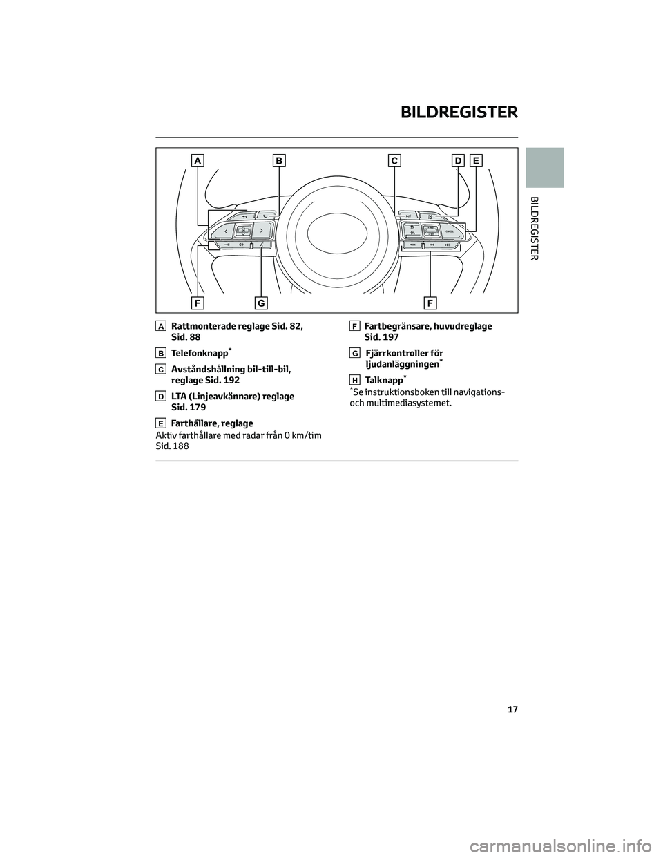 TOYOTA YARIS 2022 Bruksanvisningar (in Swedish) ARattmonterade reglage Sid. 82,
Sid. 88
BTelefonknapp*
CAvståndshållning bil-till-bil,
reglage Sid. 192
DLTA (Linjeavkännare) reglage
Sid. 179
EFarthållare, reglage
Aktiv farthållare med radar fr TOYOTA YARIS 2022 Bruksanvisningar (in Swedish) ARattmonterade reglage Sid. 82,
Sid. 88
BTelefonknapp*
CAvståndshållning bil-till-bil,
reglage Sid. 192
DLTA (Linjeavkännare) reglage
Sid. 179
EFarthållare, reglage
Aktiv farthållare med radar fr