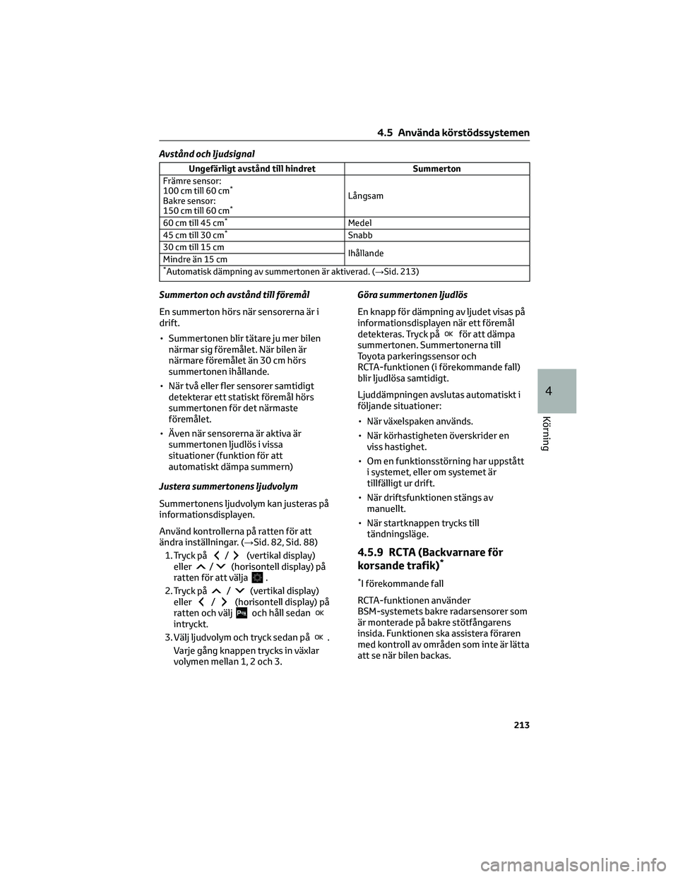 TOYOTA YARIS 2022 Bruksanvisningar (in Swedish) Avstånd och ljudsignal
Ungefärligt avstånd till hindret Summerton
Främre sensor:
100 cm till 60 cm
*
Bakre sensor:
150 cm till 60 cm*
Långsam
60 cm till 45 cm
*Medel
45 cm till 30 cm*Snabb
30 cm TOYOTA YARIS 2022 Bruksanvisningar (in Swedish) Avstånd och ljudsignal
Ungefärligt avstånd till hindret Summerton
Främre sensor:
100 cm till 60 cm
*
Bakre sensor:
150 cm till 60 cm*
Långsam
60 cm till 45 cm
*Medel
45 cm till 30 cm*Snabb
30 cm