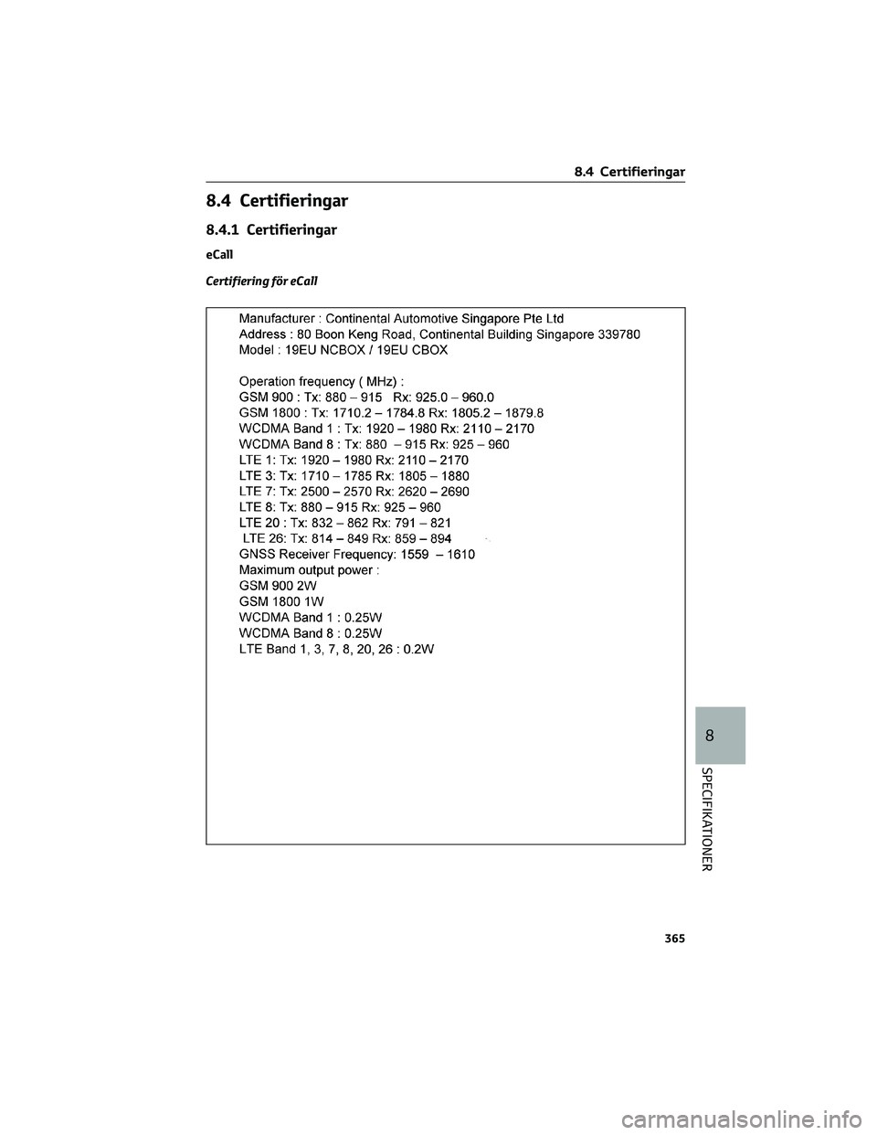 TOYOTA YARIS 2022 Bruksanvisningar (in Swedish) 8.4 Certifieringar
8.4.1 Certifieringar
eCall
Certifiering för eCall
8.4 Certifieringar
365
8
SPECIFIKATIONER TOYOTA YARIS 2022 Bruksanvisningar (in Swedish) 8.4 Certifieringar
8.4.1 Certifieringar
eCall
Certifiering för eCall
8.4 Certifieringar
365
8
SPECIFIKATIONER