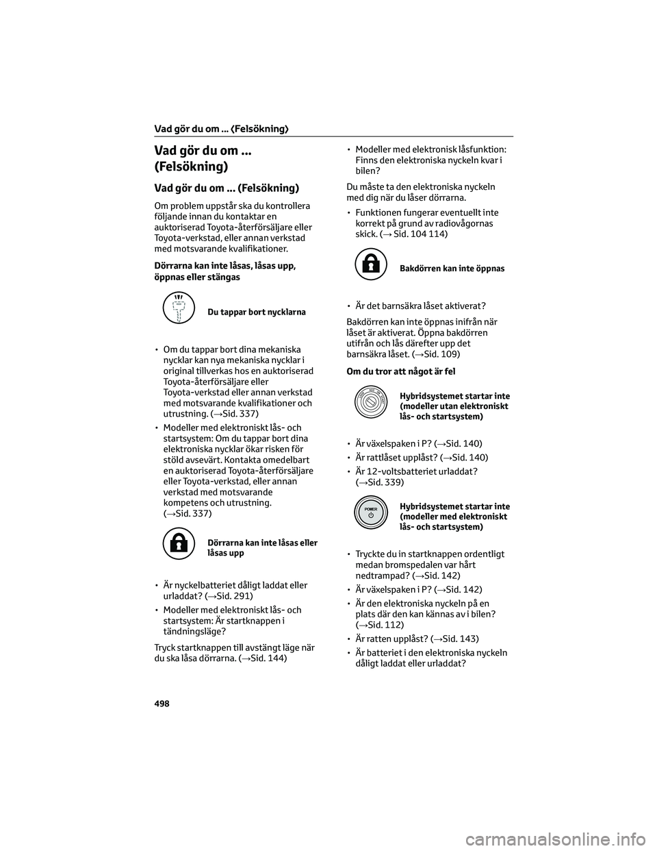 TOYOTA YARIS 2022 Bruksanvisningar (in Swedish) Vad gör du om ...
(Felsökning)
Vad gör du om ... (Felsökning)
Om problem uppstår ska du kontrollera
följande innan du kontaktar en
auktoriserad Toyota-återförsäljare eller
Toyota-verkstad, el TOYOTA YARIS 2022 Bruksanvisningar (in Swedish) Vad gör du om ...
(Felsökning)
Vad gör du om ... (Felsökning)
Om problem uppstår ska du kontrollera
följande innan du kontaktar en
auktoriserad Toyota-återförsäljare eller
Toyota-verkstad, el