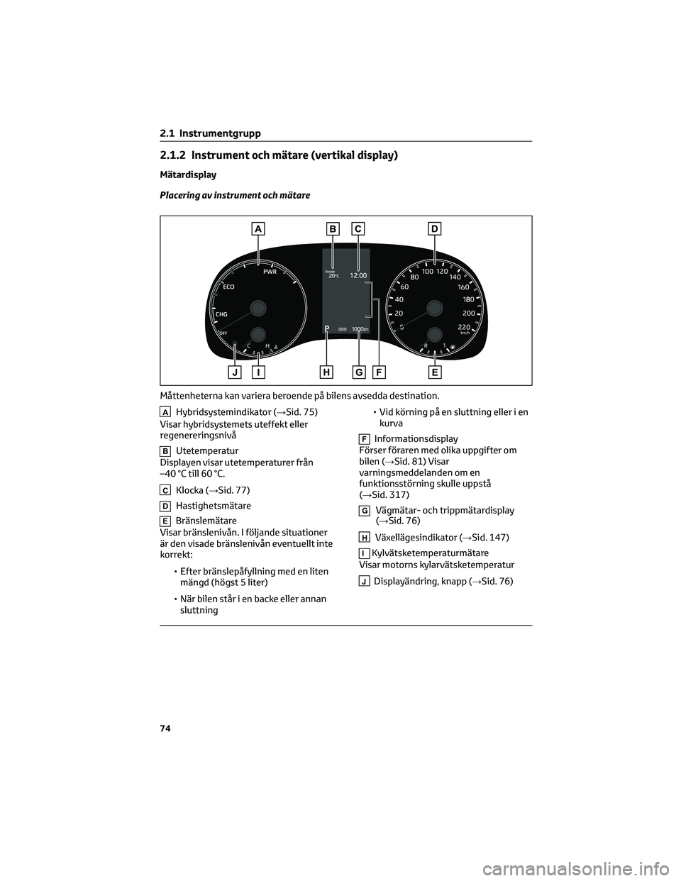TOYOTA YARIS 2022 Bruksanvisningar (in Swedish) 2.1.2 Instrument och mätare (vertikal display)
Mätardisplay
Placering av instrument och mätare
AHybridsystemindikator (→Sid. 75)
Visar hybridsystemets uteffekt eller
regenereringsnivå
BUtetemper TOYOTA YARIS 2022 Bruksanvisningar (in Swedish) 2.1.2 Instrument och mätare (vertikal display)
Mätardisplay
Placering av instrument och mätare
AHybridsystemindikator (→Sid. 75)
Visar hybridsystemets uteffekt eller
regenereringsnivå
BUtetemper