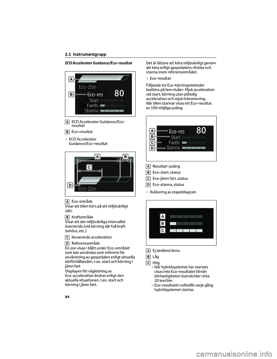 TOYOTA YARIS 2022 Bruksanvisningar (in Swedish) ECO Accelerator Guidance/Eco-resultat
AECO Accelerator Guidance/Eco-
resultat
BEco-resultat
• ECO Accelerator
Guidance/Eco-resultat
AEco-område
Visar att bilen körs på ett miljövänligt
sätt.
B TOYOTA YARIS 2022 Bruksanvisningar (in Swedish) ECO Accelerator Guidance/Eco-resultat
AECO Accelerator Guidance/Eco-
resultat
BEco-resultat
• ECO Accelerator
Guidance/Eco-resultat
AEco-område
Visar att bilen körs på ett miljövänligt
sätt.
B
