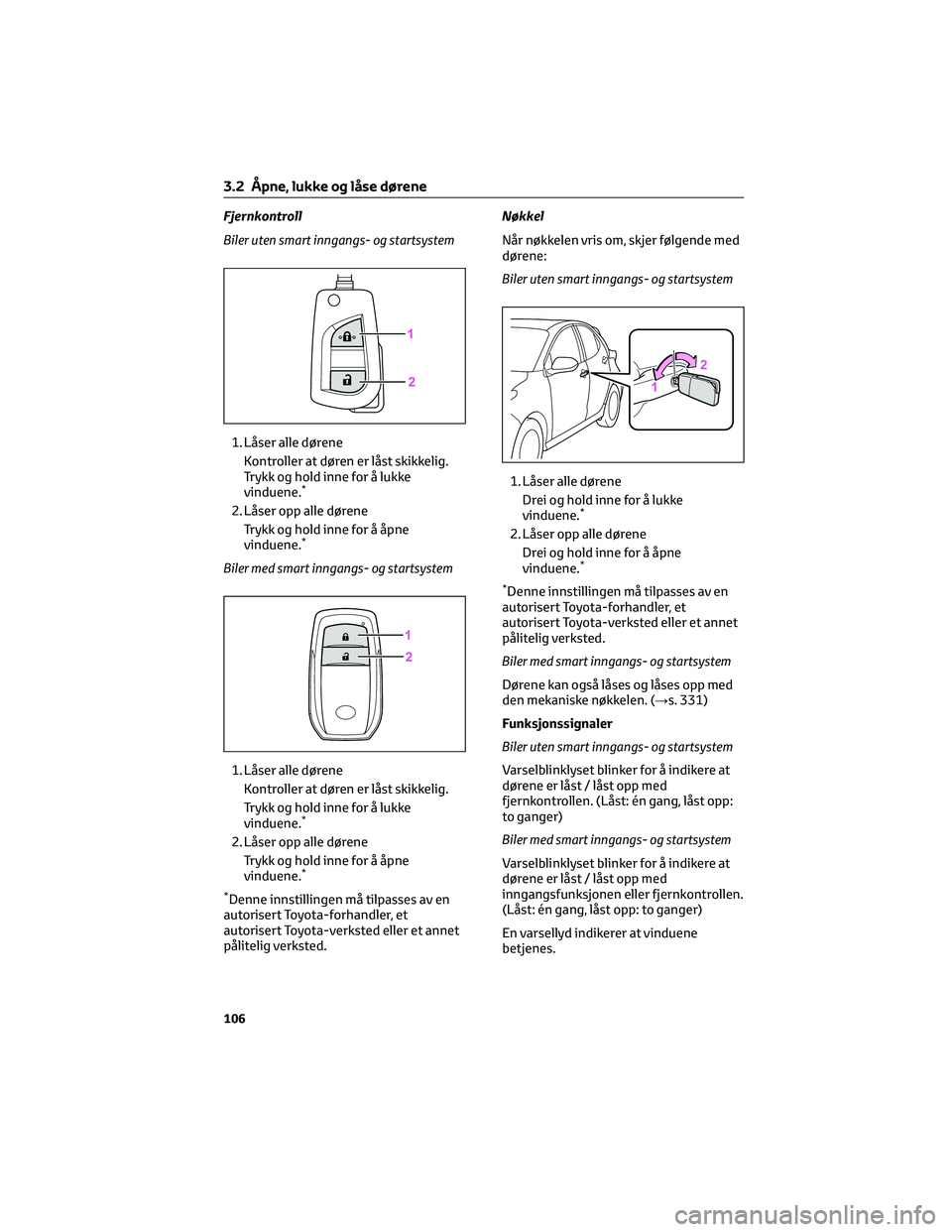 TOYOTA YARIS 2022 Instruksjoner for bruk (in Norwegian) Fjernkontroll
Biler uten smart inngangs- og startsystem
1. Låser alle dørene
Kontroller at døren er låst skikkelig.
Trykk og hold inne for å lukke
vinduene.
*
2. Låser opp alle dørene
Trykk og TOYOTA YARIS 2022 Instruksjoner for bruk (in Norwegian) Fjernkontroll
Biler uten smart inngangs- og startsystem
1. Låser alle dørene
Kontroller at døren er låst skikkelig.
Trykk og hold inne for å lukke
vinduene.
*
2. Låser opp alle dørene
Trykk og