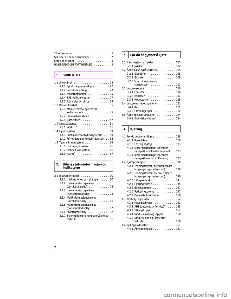 TOYOTA YARIS 2022 Instruksjoner for bruk (in Norwegian) Til informasjon....................5
Slik leser du denne håndboken..........7
Lete opp et emne..................8
BILDEINNHOLDSFORTEGNELSE.........9
1.SIKKERHET
1.1 Sikker bruk...................22
1 TOYOTA YARIS 2022 Instruksjoner for bruk (in Norwegian) Til informasjon....................5
Slik leser du denne håndboken..........7
Lete opp et emne..................8
BILDEINNHOLDSFORTEGNELSE.........9
1.SIKKERHET
1.1 Sikker bruk...................22
1